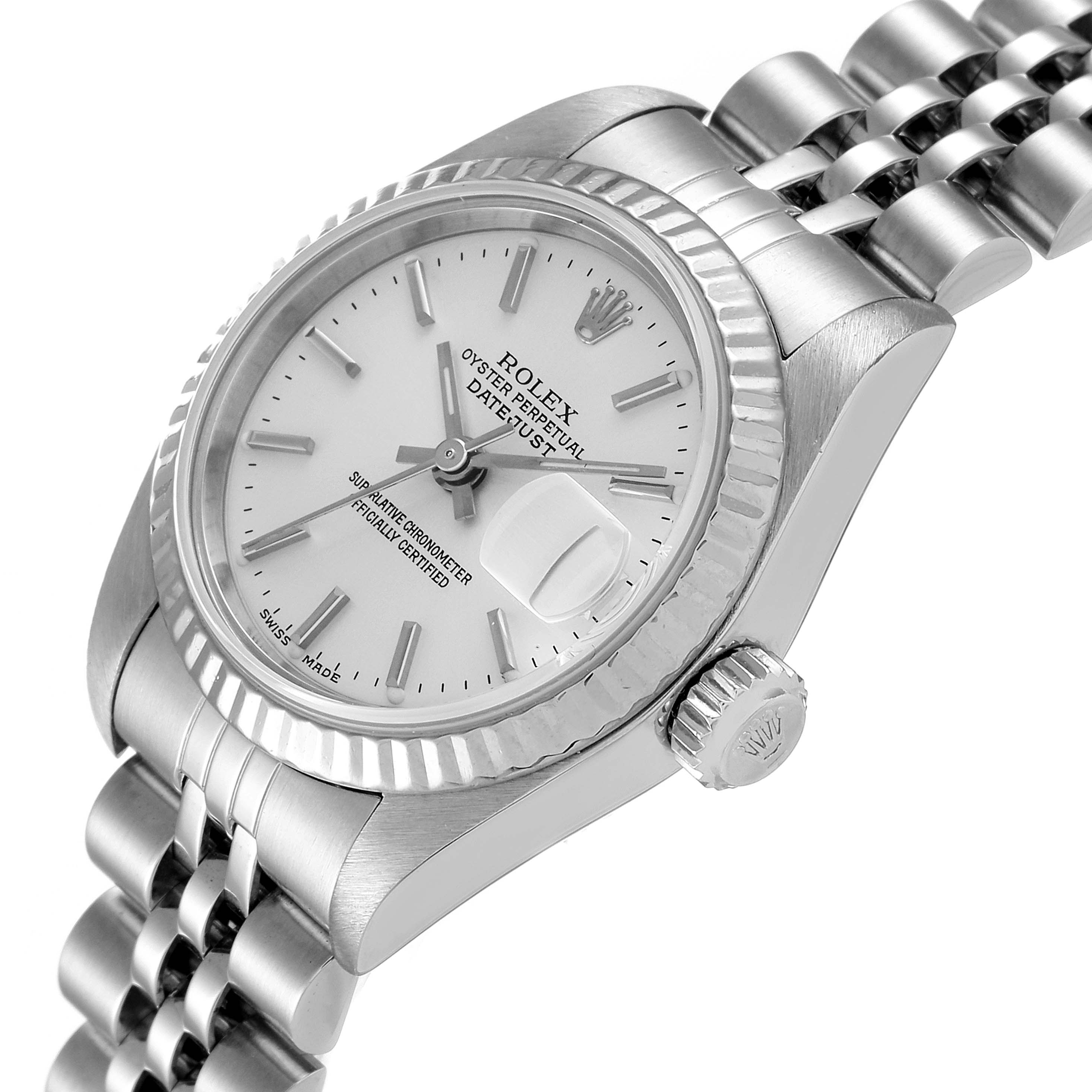 This image shows a side angle view of the Rolex Datejust 79174 Women
s Stainless Steel Silver Dial 79174 Women
s Stainless Steel Silver Dial watch, highlighting its face, bezel, crown, and bracelet.