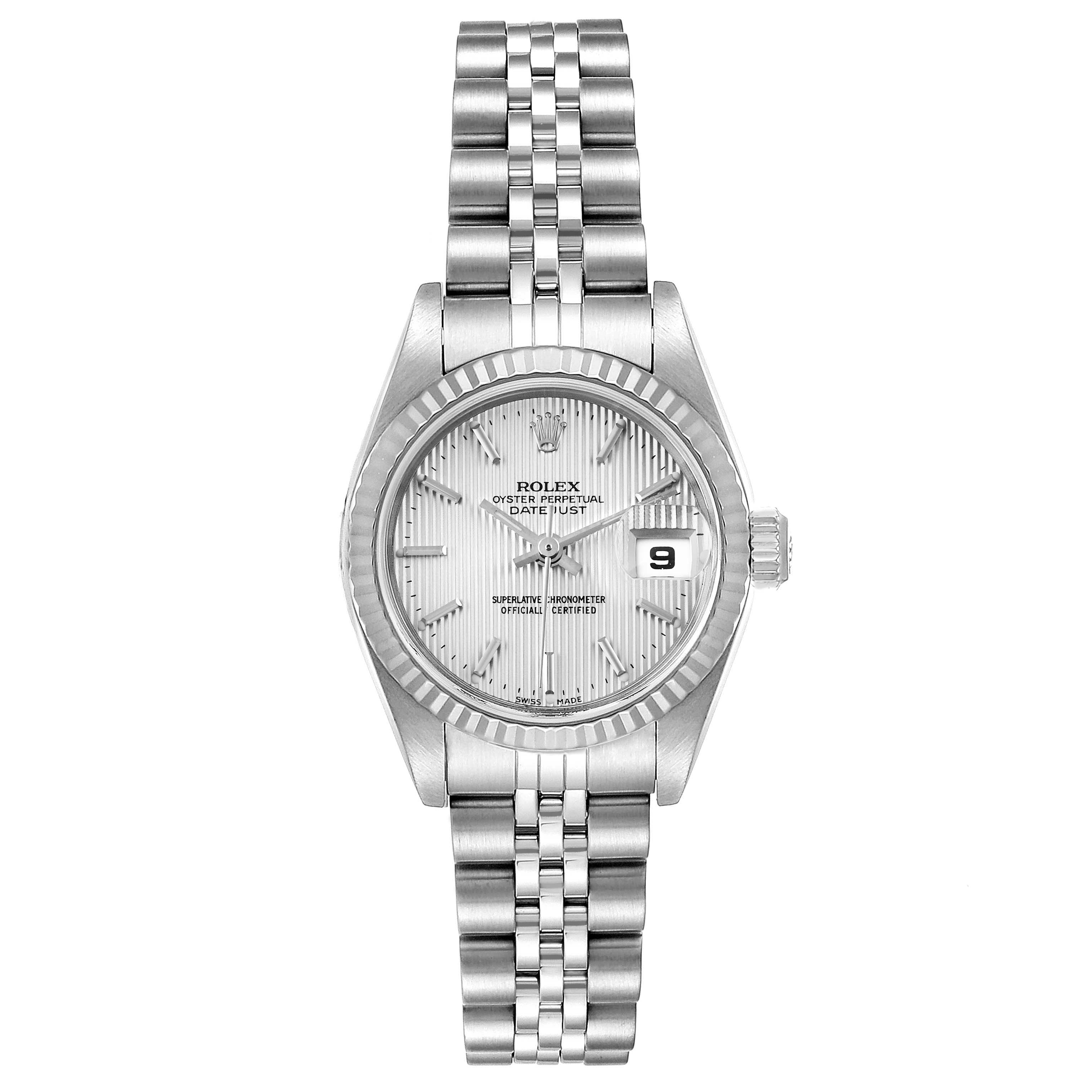 The image shows a Rolex Datejust 79174 Women
s Stainless Steel Silver Dial 79174 Women
s Stainless Steel Silver Dial watch from a top view, displaying its face, bezel, and bracelet.