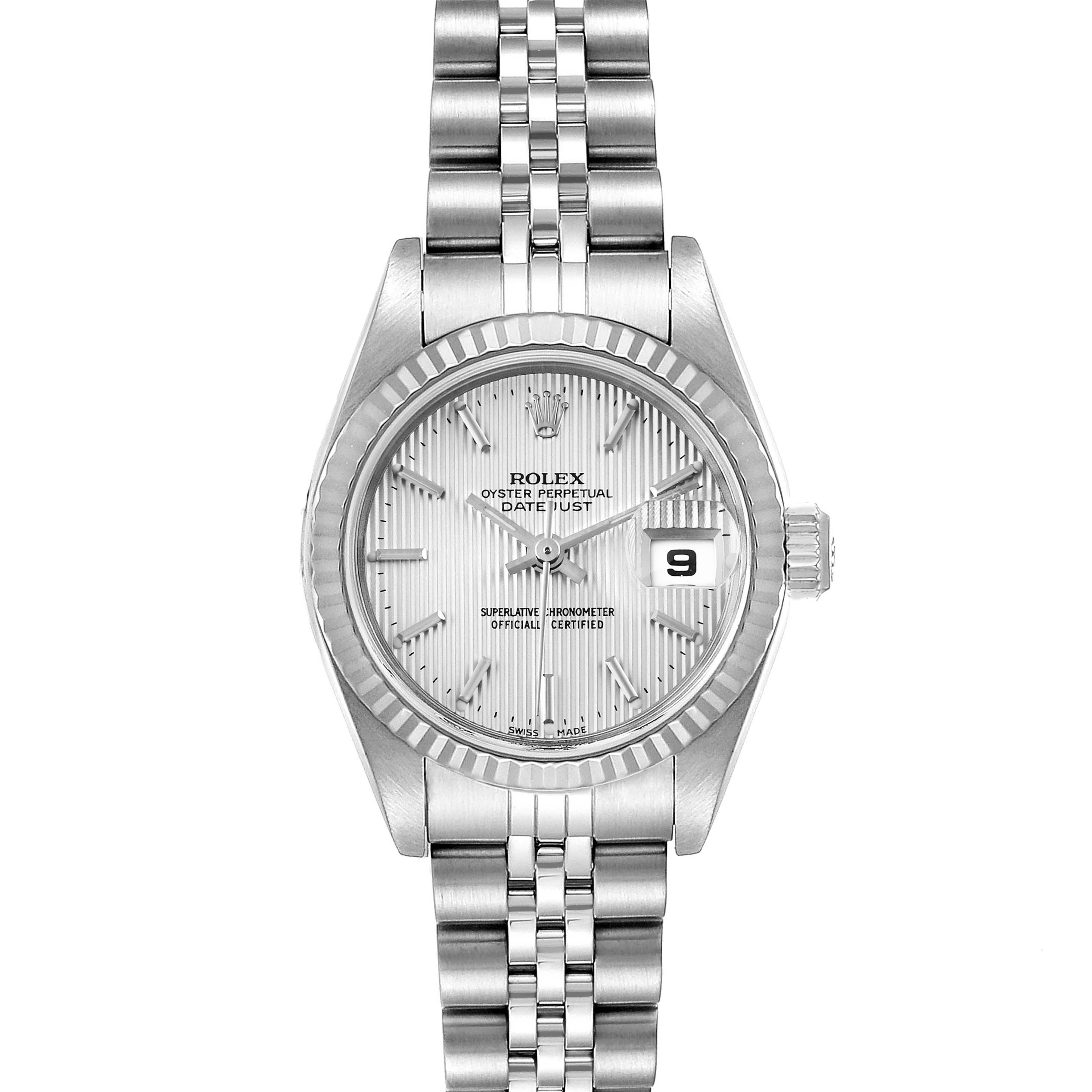 Rolex Datejust 26 Steel White Gold Silver Tapestry Dial Watch 79174 Box ...