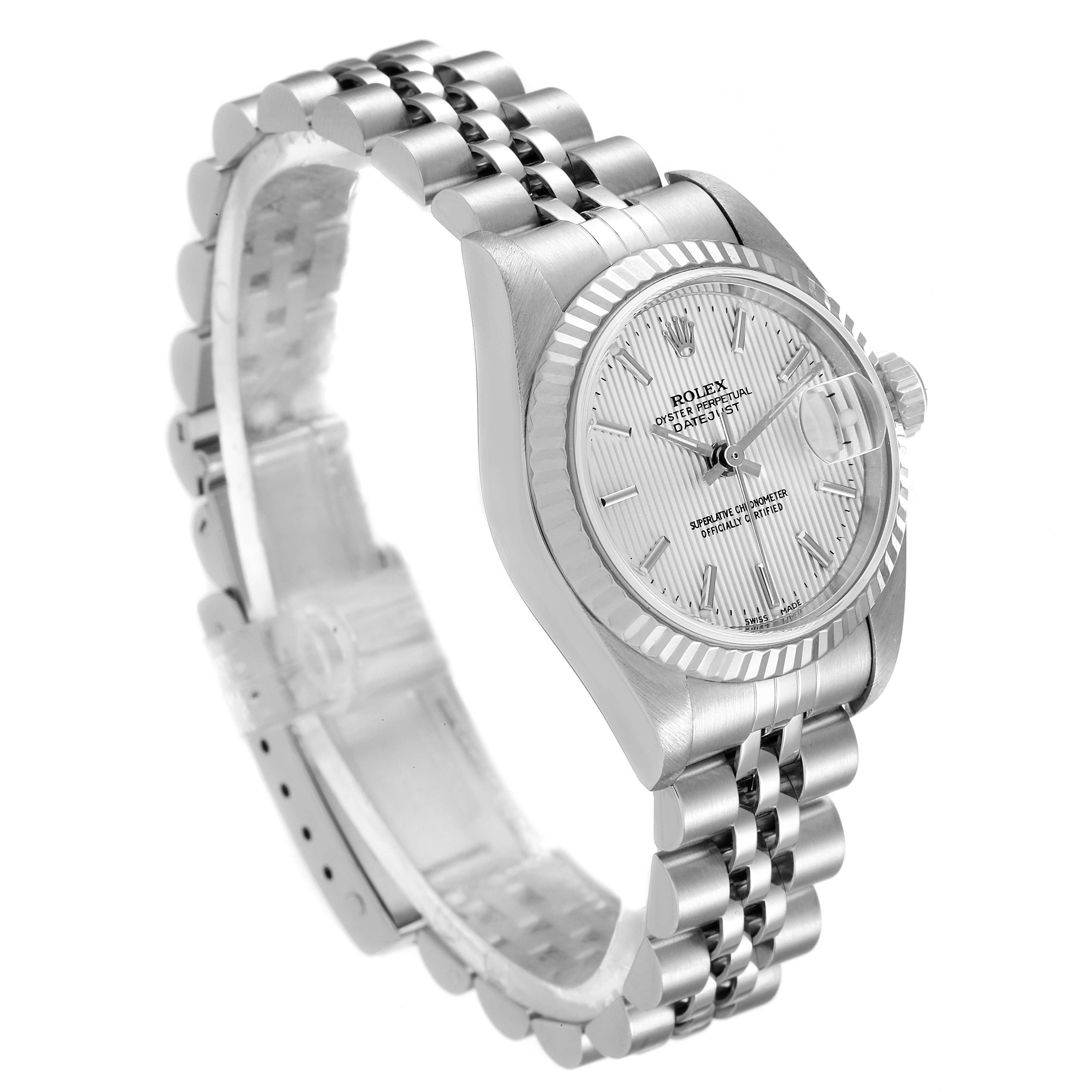 This Rolex Datejust 79174 Women
s Stainless Steel Silver Dial 79174 Women
s Stainless Steel Silver Dial watch is shown from a front-side angle, highlighting its dial, case, crown, and Jubilee bracelet.