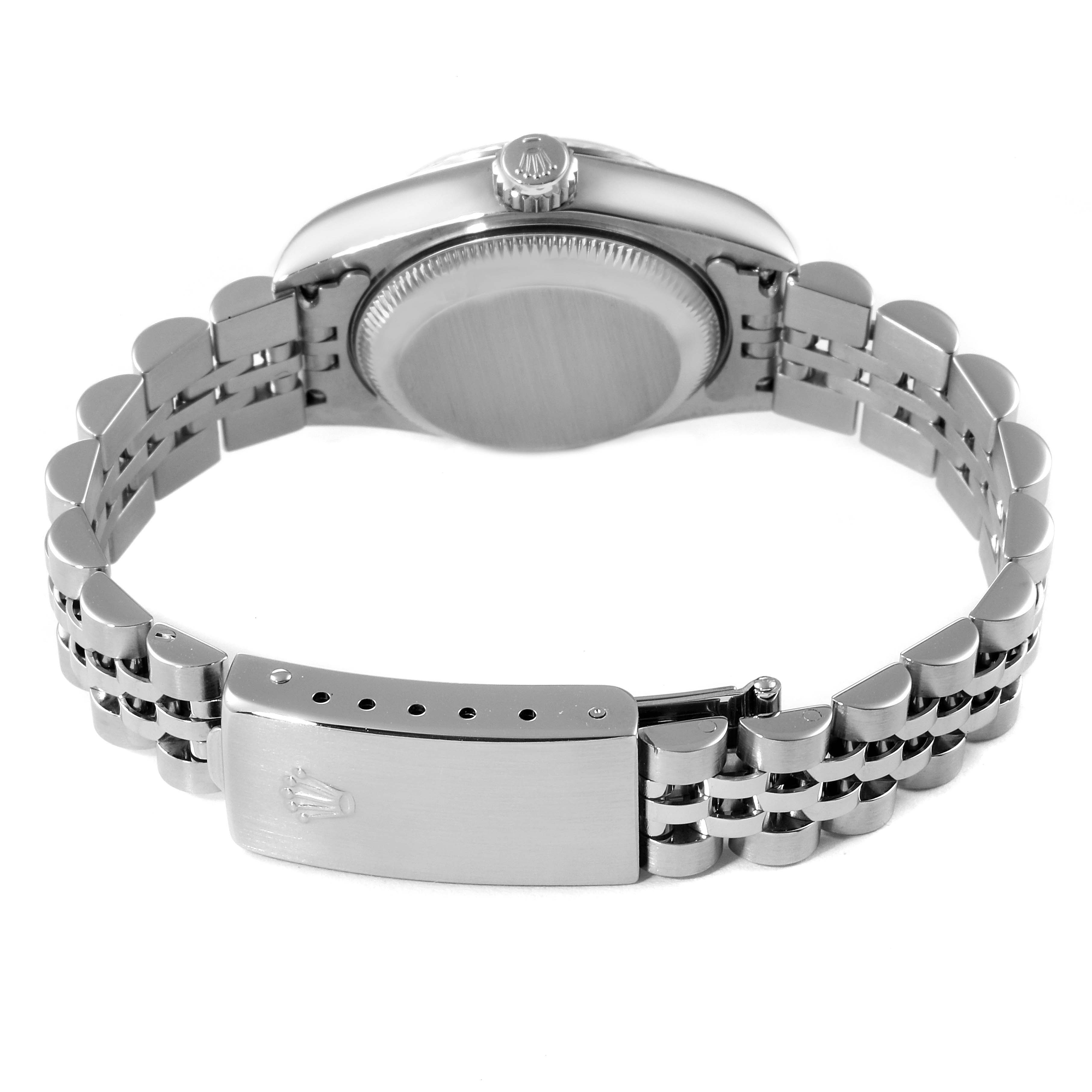 This image shows the back of the Rolex Datejust 79174 Women
s Stainless Steel Silver Dial 79174 Women
s Stainless Steel Silver Dial watch, including the case and the bracelet with the clasp.