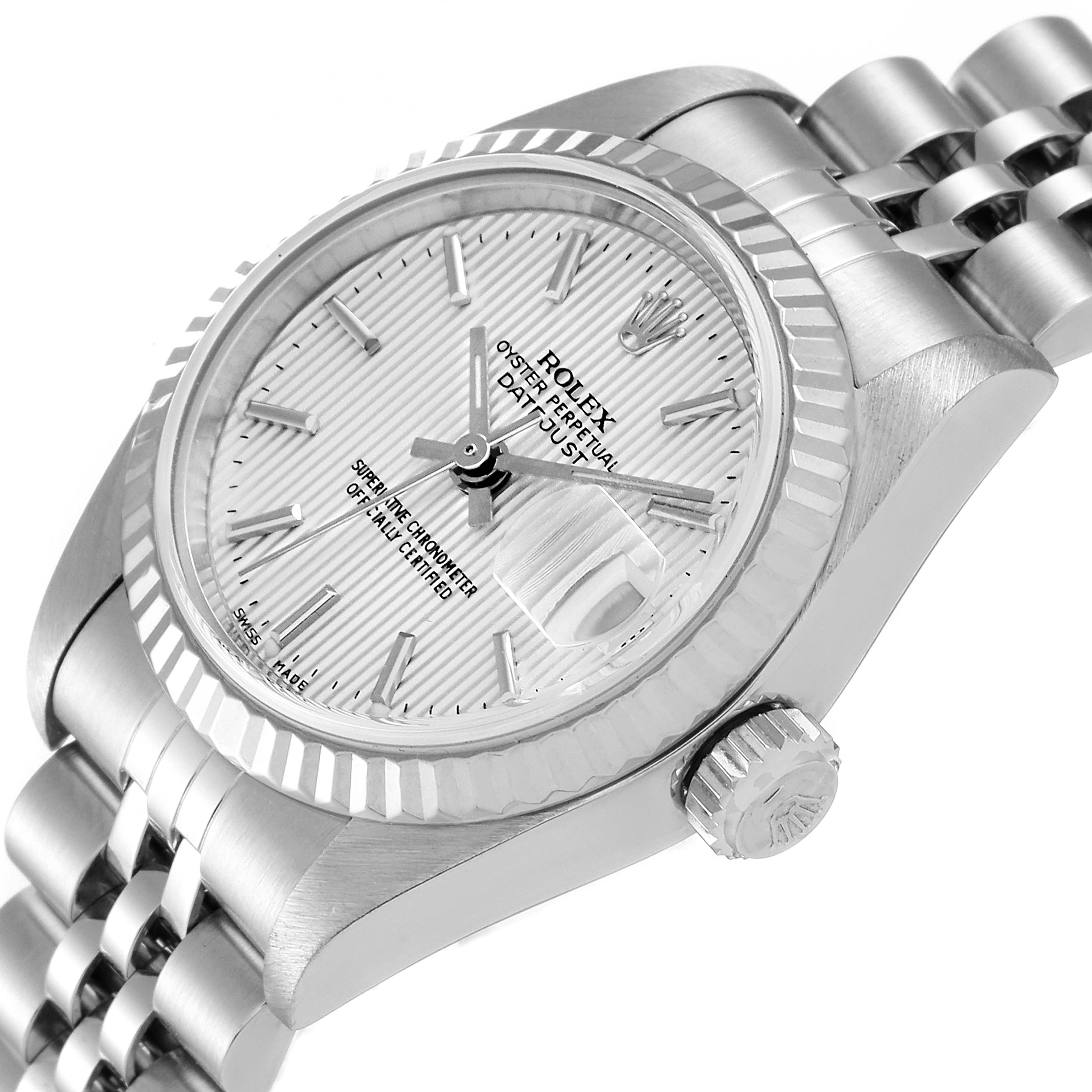 The image shows a close-up side angle of the Rolex Datejust 79174 Women
s Stainless Steel Silver Dial 79174 Women
s Stainless Steel Silver Dial watch, highlighting the dial, bezel, crown, and part of the bracelet.
