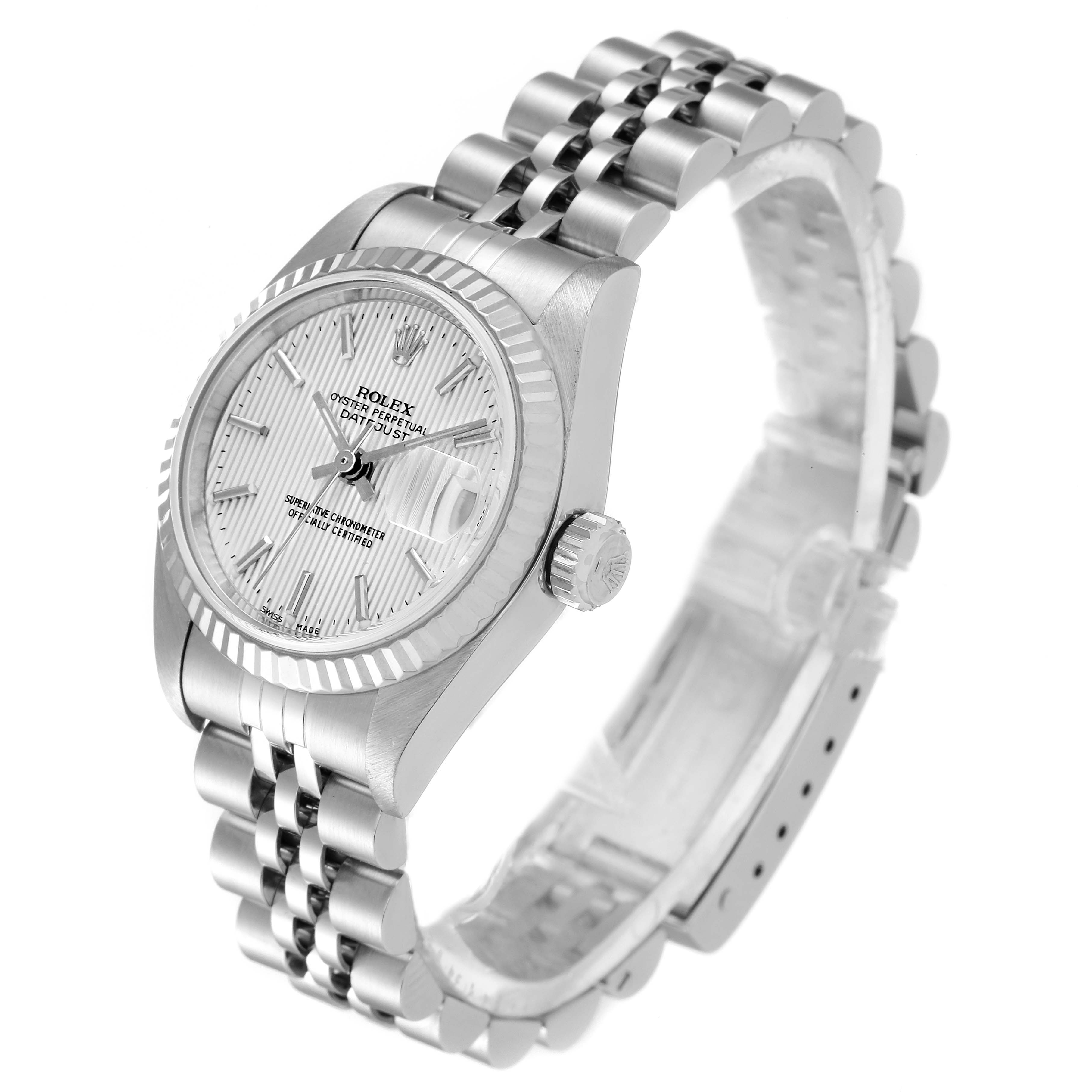 This image shows a front and side angle of the Rolex Datejust 79174 Women
s Stainless Steel Silver Dial 79174 Women
s Stainless Steel Silver Dial watch, highlighting its dial, bracelet, and crown.