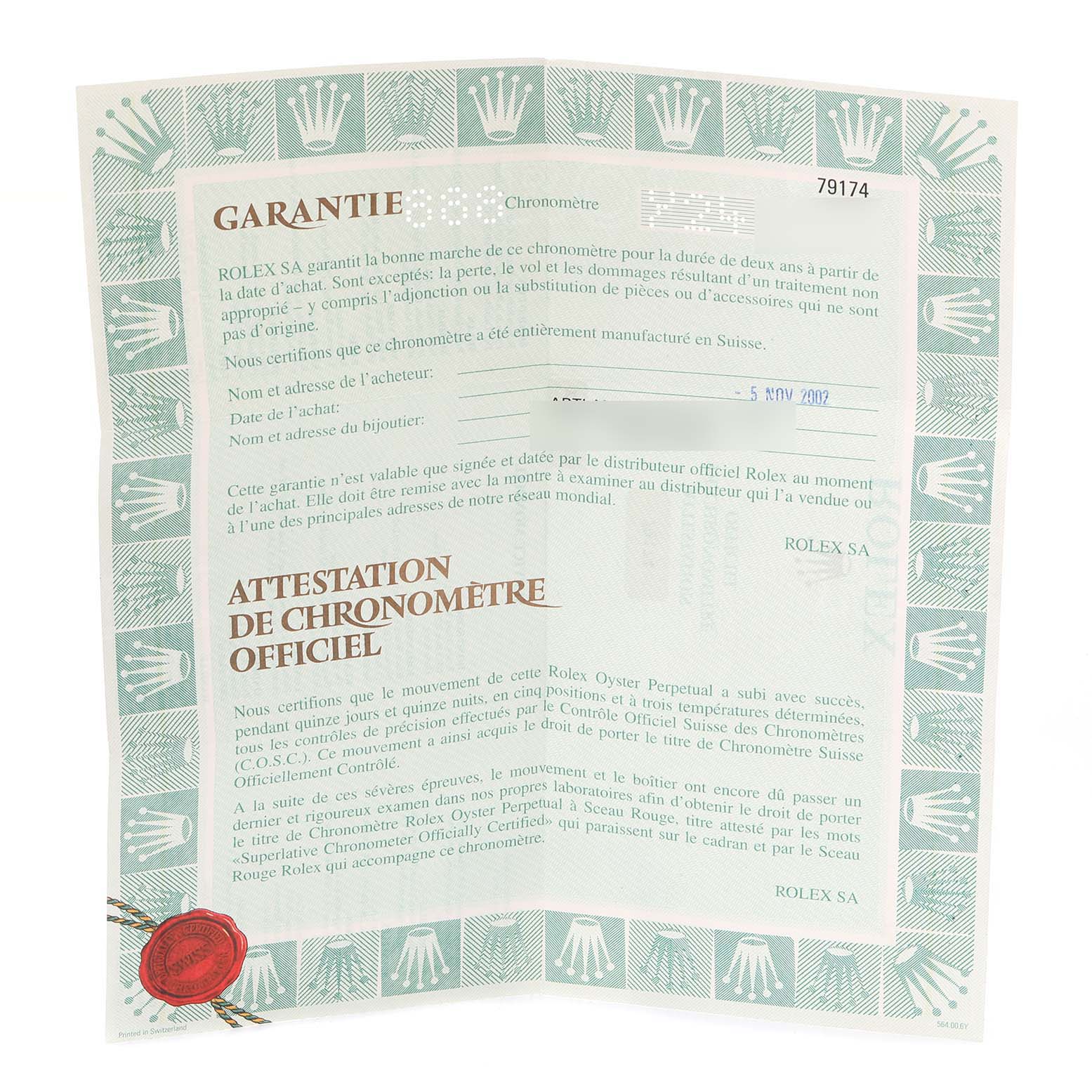 This image shows the warranty and official chronometer certification for a Rolex Datejust 79174 Women
s Stainless Steel Silver Dial 79174 Women
s Stainless Steel Silver Dial watch.