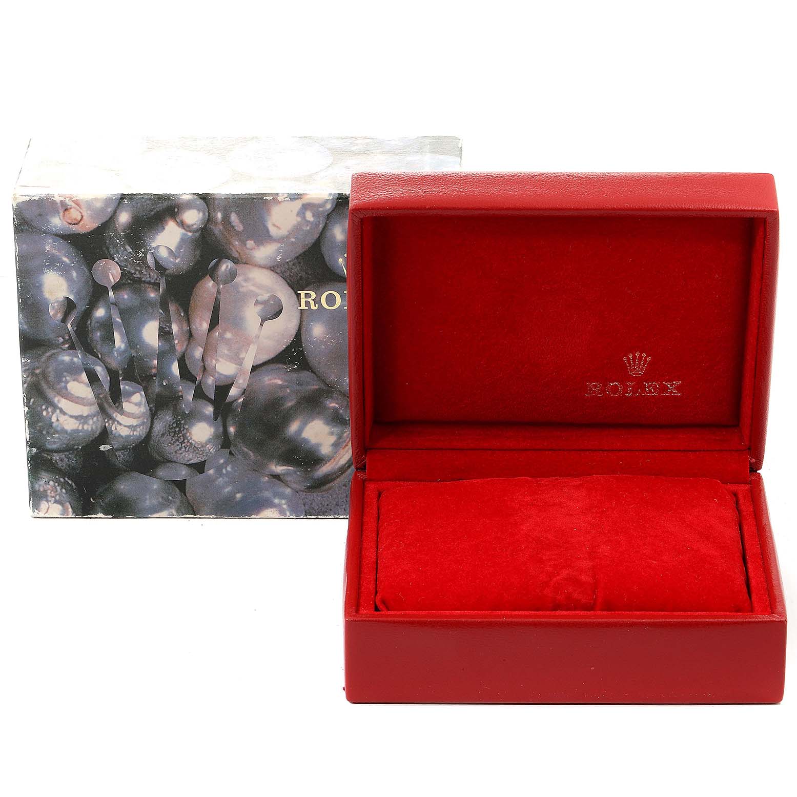 This image shows an empty Rolex Datejust 69173 Women's Steel and Gold (two tone) Blue Dial 69173 Women's Steel and Gold (two tone) Blue Dial watch box, with the box lid open and the outer packaging visible behind it.