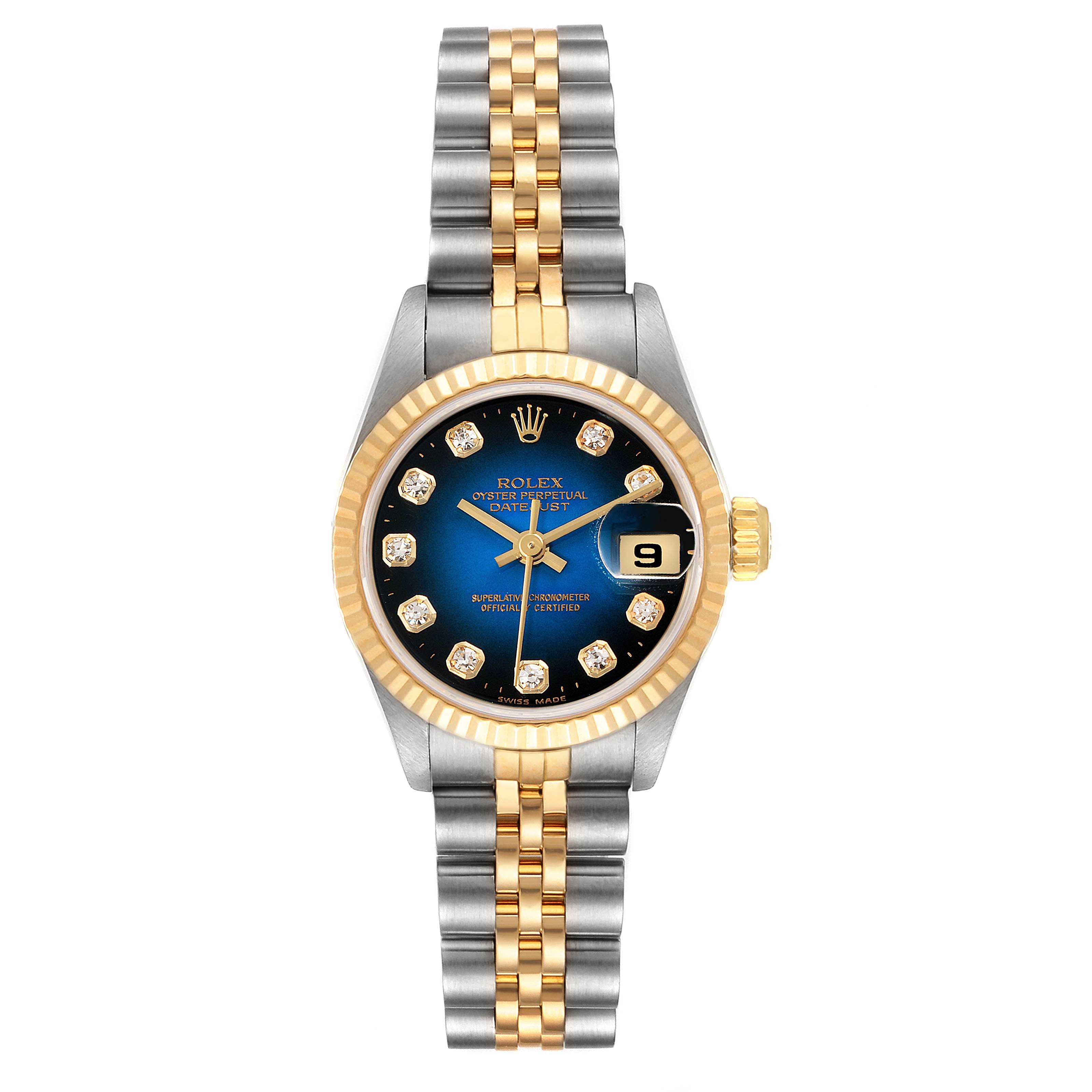 The Rolex Datejust 69173 Women's Steel and Gold (two tone) Blue Dial 69173 Women's Steel and Gold (two tone) Blue Dial watch is shown from a front angle, displaying its two-tone bracelet, fluted bezel, and diamond hour markers.