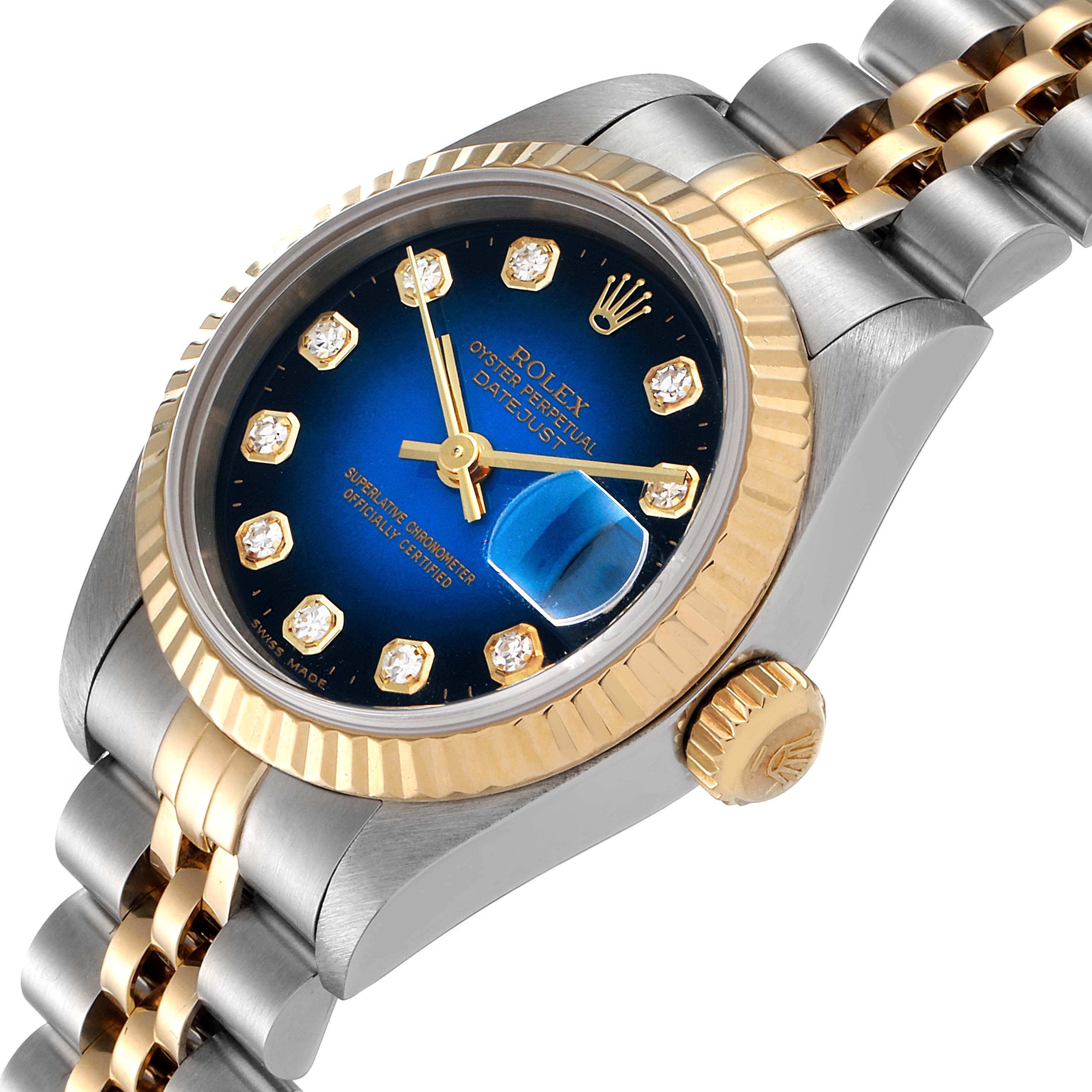 The image shows an angled view of a Rolex Datejust 69173 Women's Steel and Gold (two tone) Blue Dial 69173 Women's Steel and Gold (two tone) Blue Dial watch, highlighting the dial, bezel, case, and part of the bracelet.