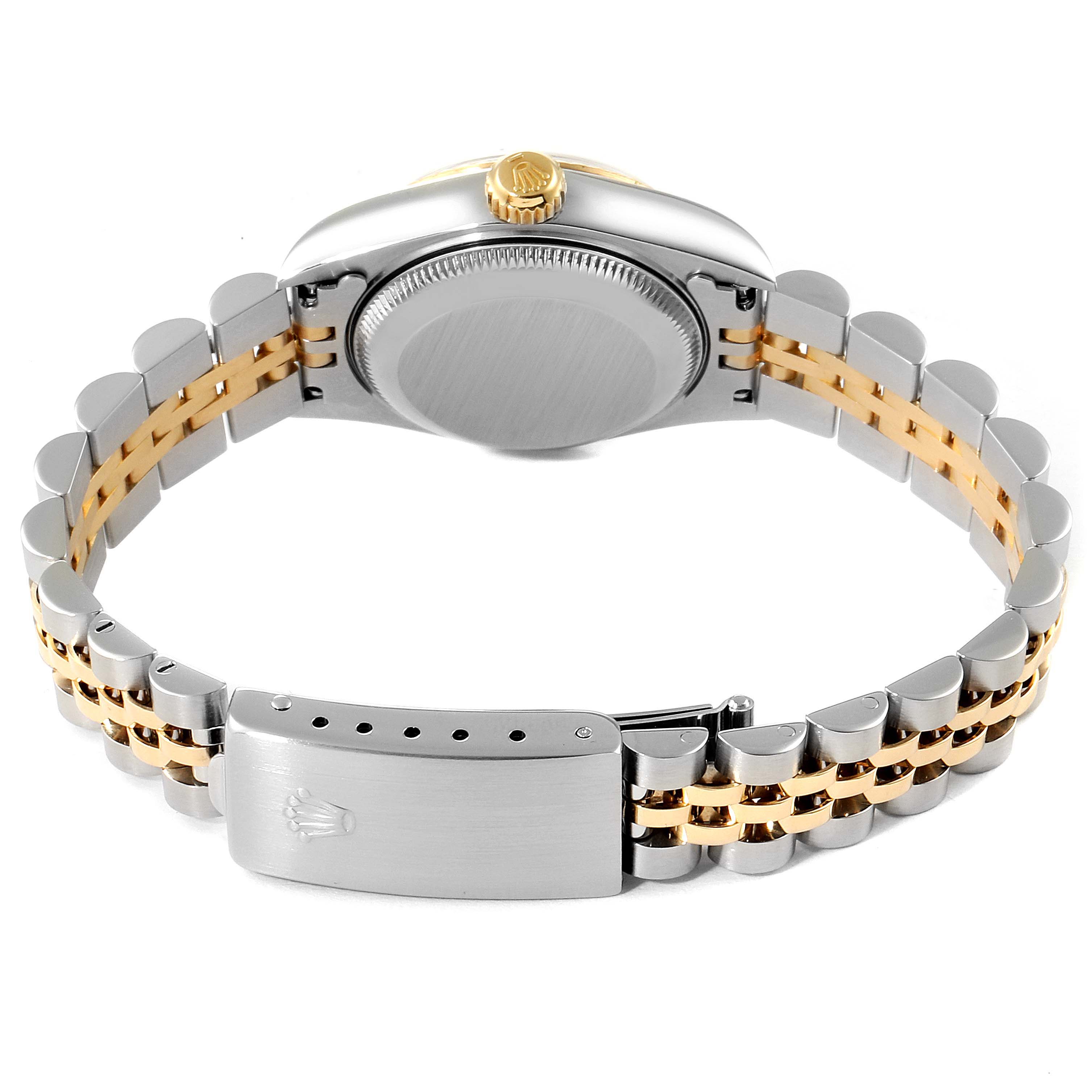 The image shows the back view and clasp of a Rolex Datejust 69173 Women's Steel and Gold (two tone) Blue Dial 69173 Women's Steel and Gold (two tone) Blue Dial watch with a two-tone metal bracelet.