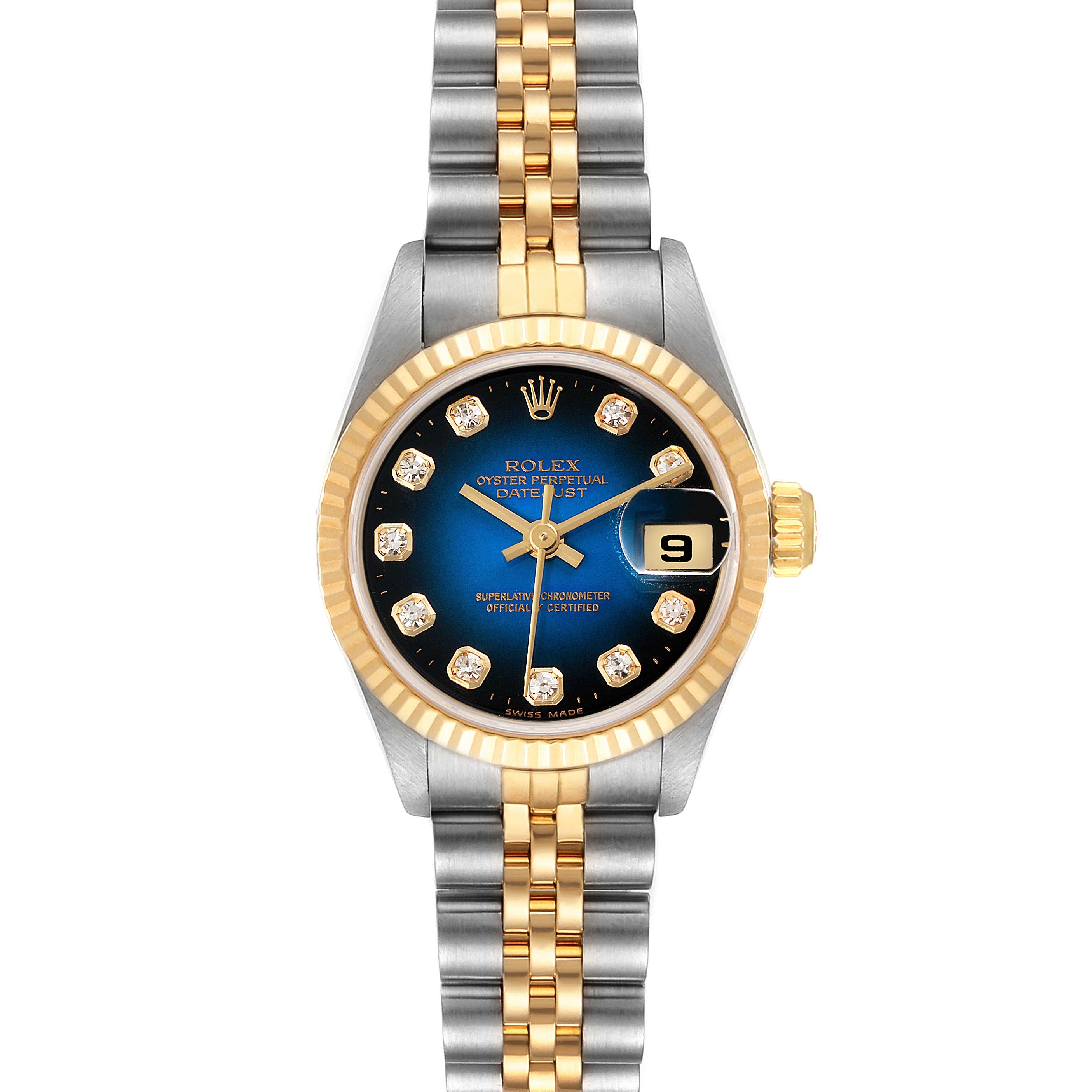 The image shows a front view of a Rolex Datejust 69173 Women's Steel and Gold (two tone) Blue Dial 69173 Women's Steel and Gold (two tone) Blue Dial watch with a two-tone bracelet and a blue dial with diamond hour markers.