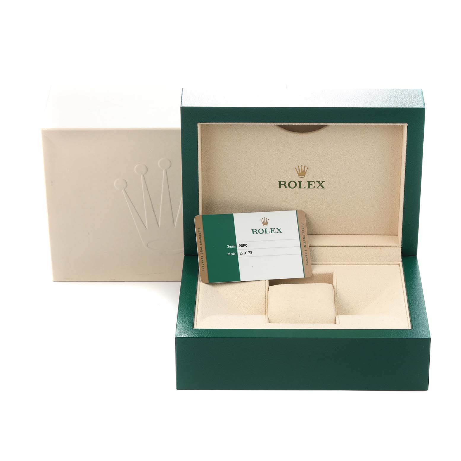 The image shows the open box and card for a Rolex Datejust model 279173, but the watch itself is not visible.