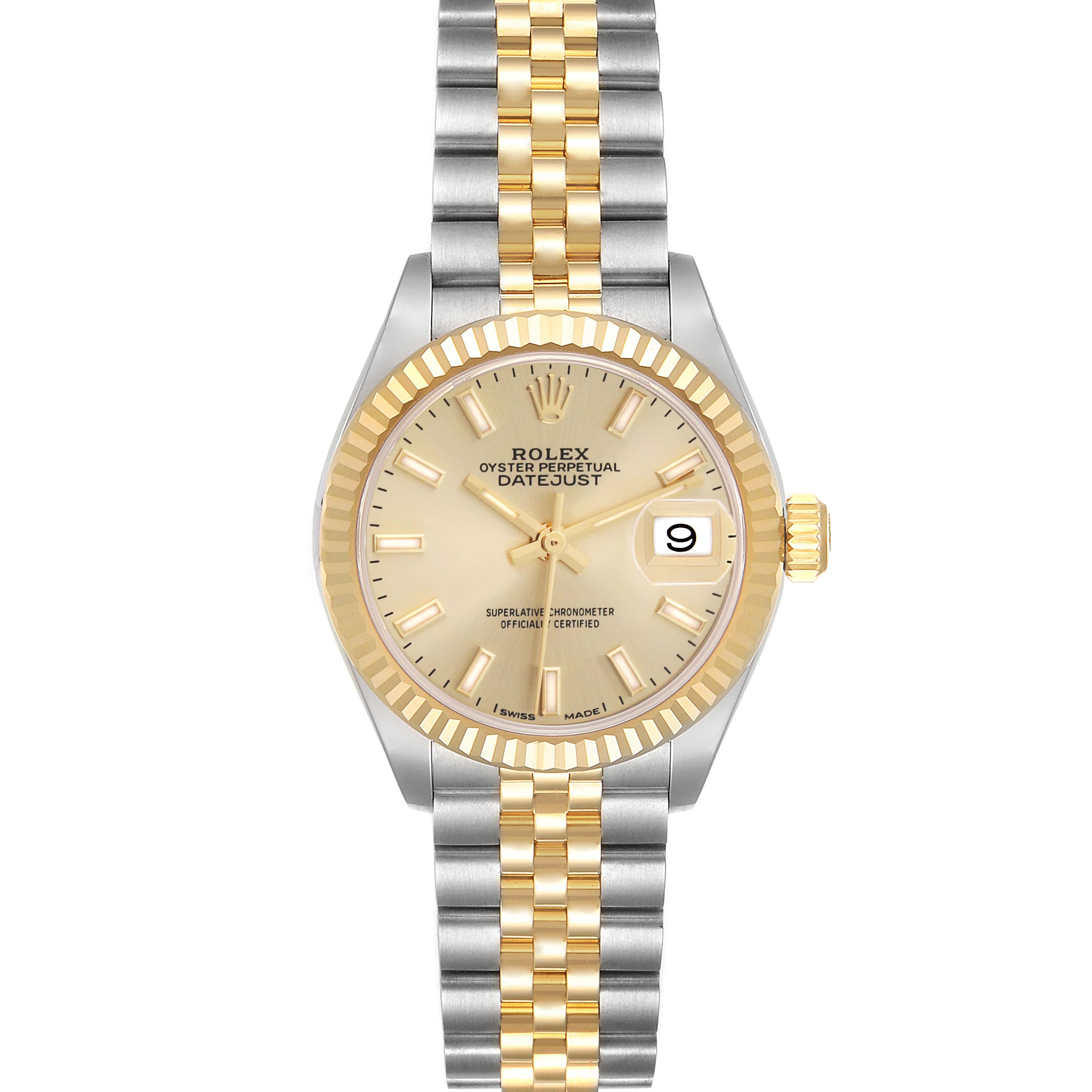 The Rolex Datejust model 279173 is shown from a top-down view, highlighting its two-tone Jubilee bracelet, gold fluted bezel, and date display at 3 o'clock.