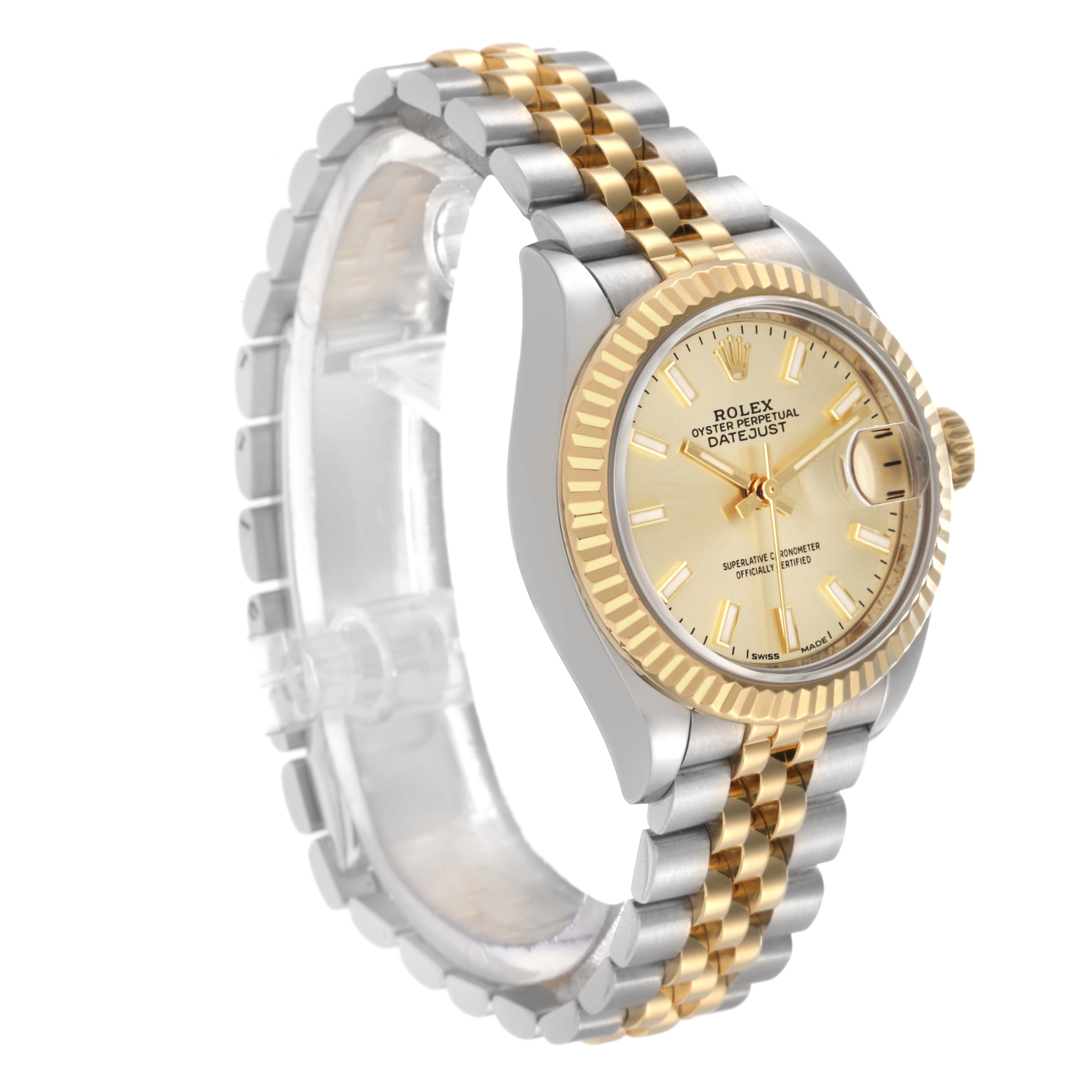 The Rolex Datejust model 279173 is shown at an angled view, highlighting the face, two-tone fluted bezel, and Jubilee bracelet.