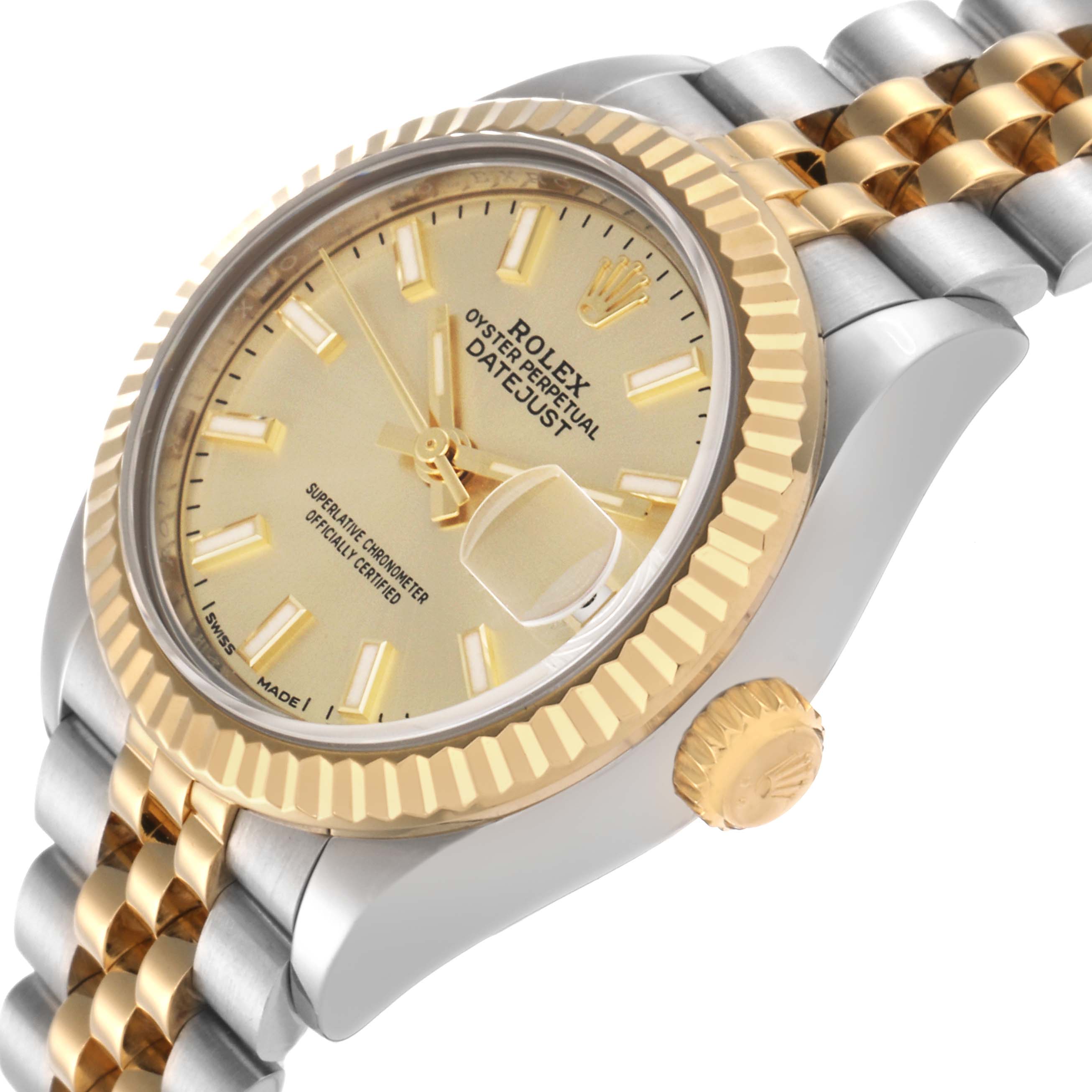 The image shows a Rolex Datejust (model 279173) at a side angle, highlighting the gold bezel, dial, bracelet, and crown.