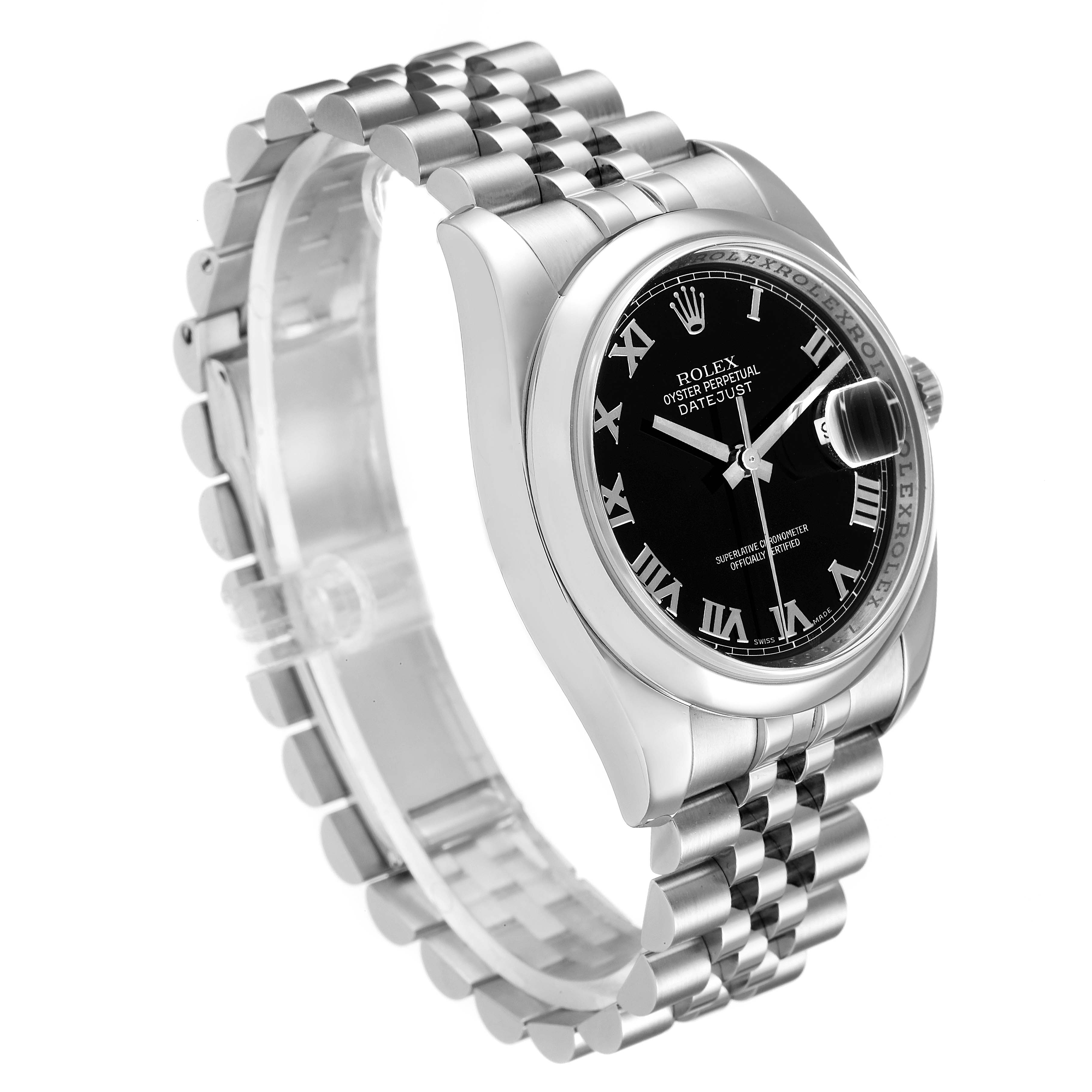 This image shows a Rolex Datejust 116200 Men
s Stainless Steel Black Dial 116200 Men
s Stainless Steel Black Dial model watch at an oblique angle, highlighting the face, bezel, and bracelet.