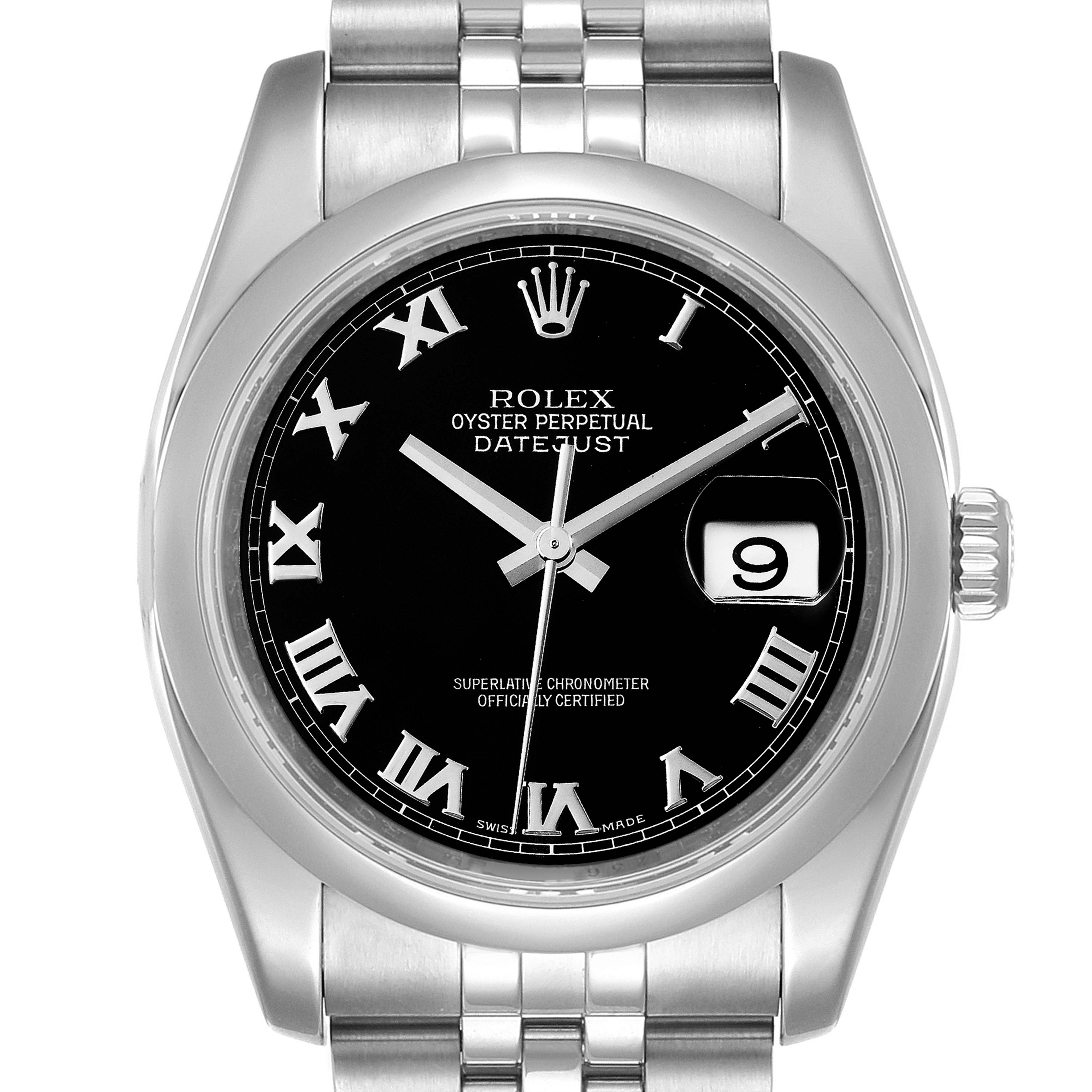 The image shows a frontal view of a Rolex Datejust 116200 Men
s Stainless Steel Black Dial 116200 Men
s Stainless Steel Black Dial watch with a black dial, Roman numerals, and a date window at 3 o
clock.