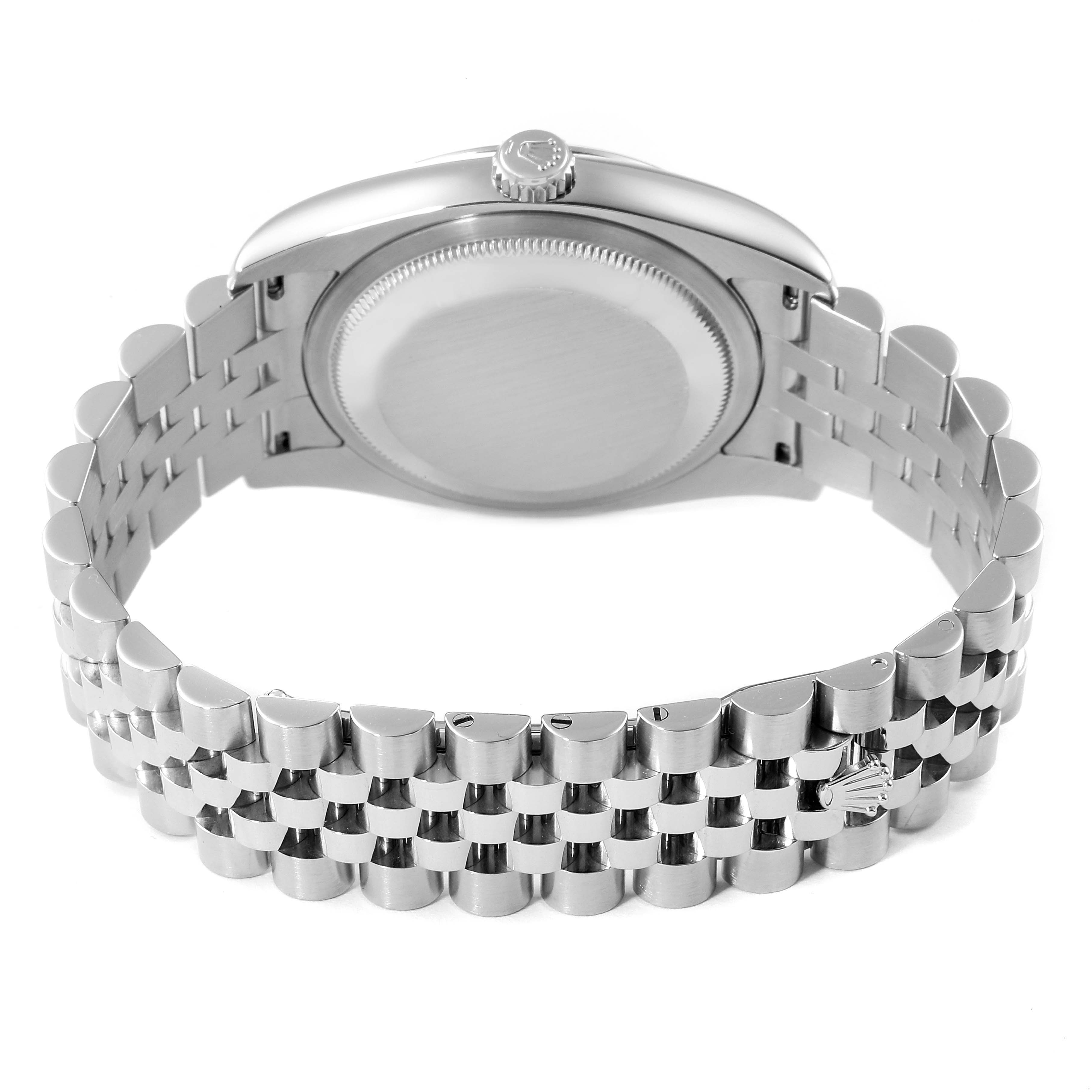 The image shows the back view and bracelet of the Rolex Datejust 116200 Men
s Stainless Steel Black Dial 116200 Men
s Stainless Steel Black Dial watch.