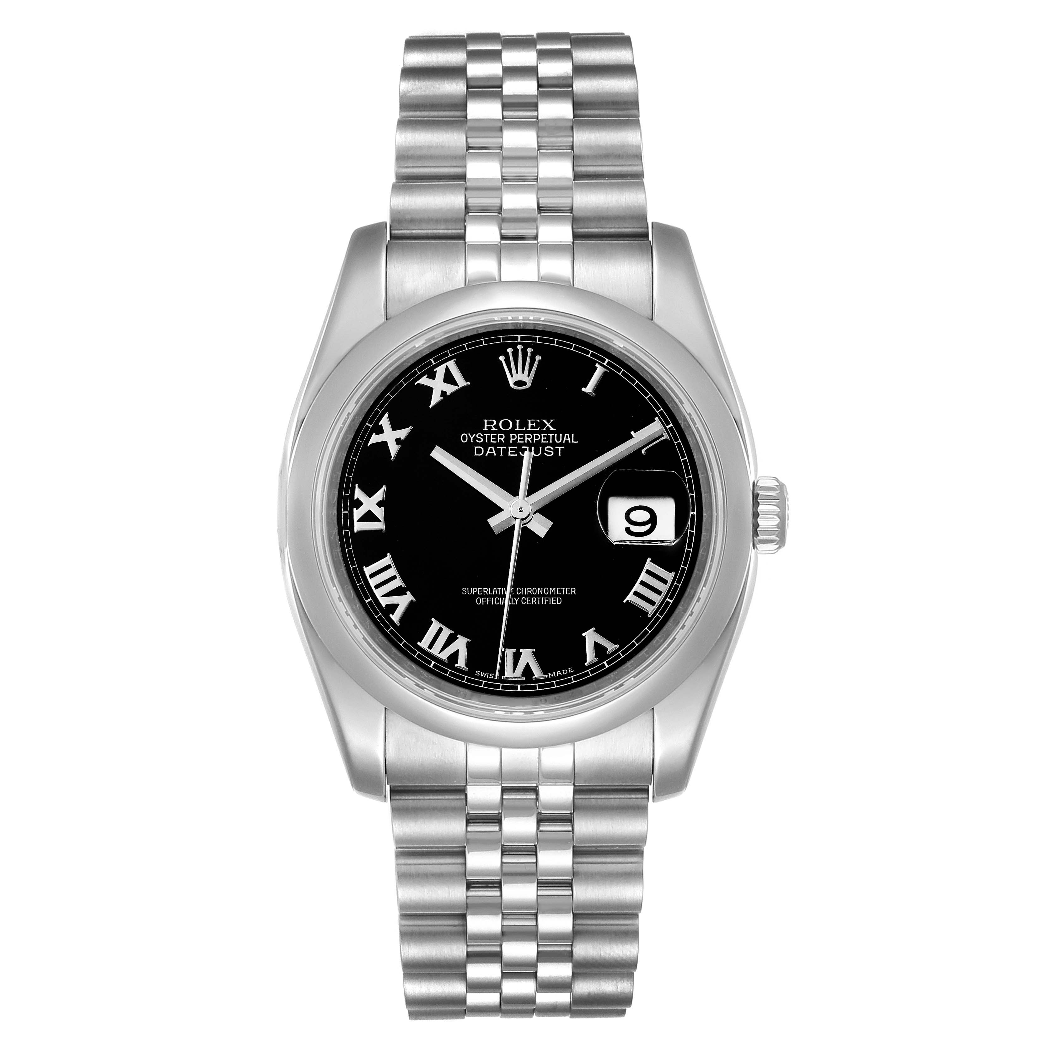 The image shows a front view of the Rolex Datejust 116200 Men
s Stainless Steel Black Dial 116200 Men
s Stainless Steel Black Dial watch, displaying the face, bezel, crown, and part of the bracelet.