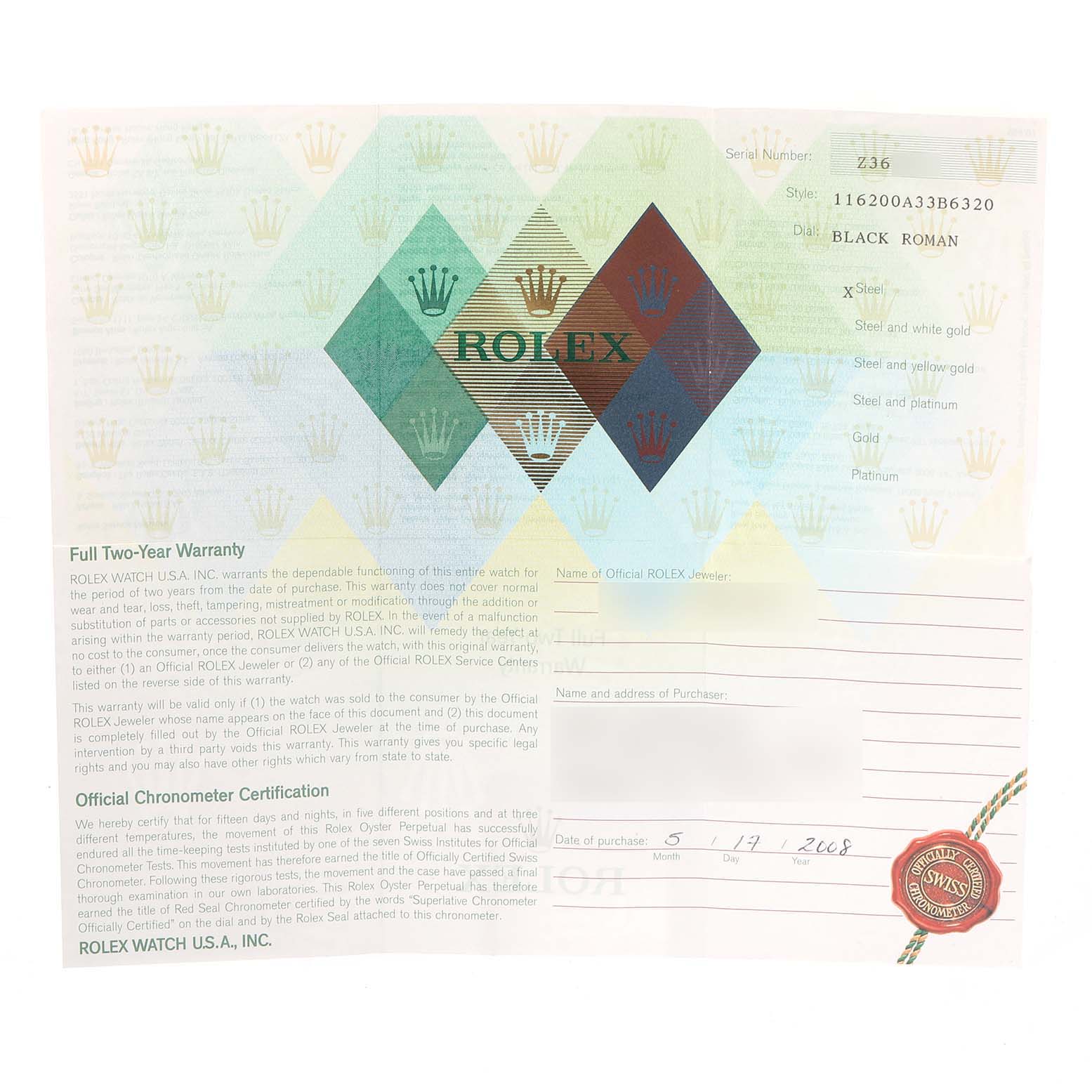 The image shows a Rolex Datejust 116200 Men
s Stainless Steel Black Dial 116200 Men
s Stainless Steel Black Dial warranty card with the official chronometer certification and various details about the watch.