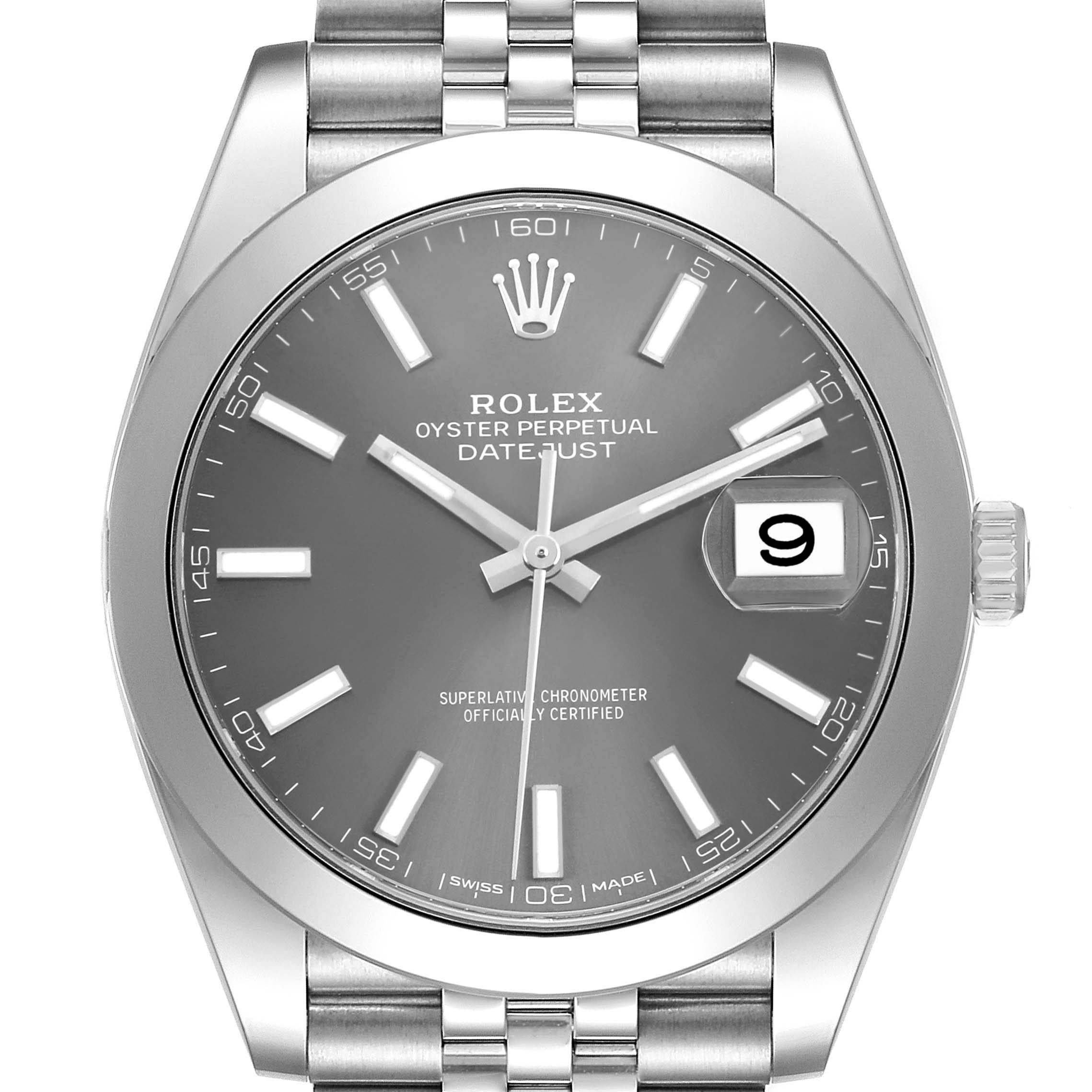 The image shows a frontal view of the Rolex Datejust 41 126300 Men's Stainless Steel Grey Dial, highlighting the dial, bezel, and bracelet.