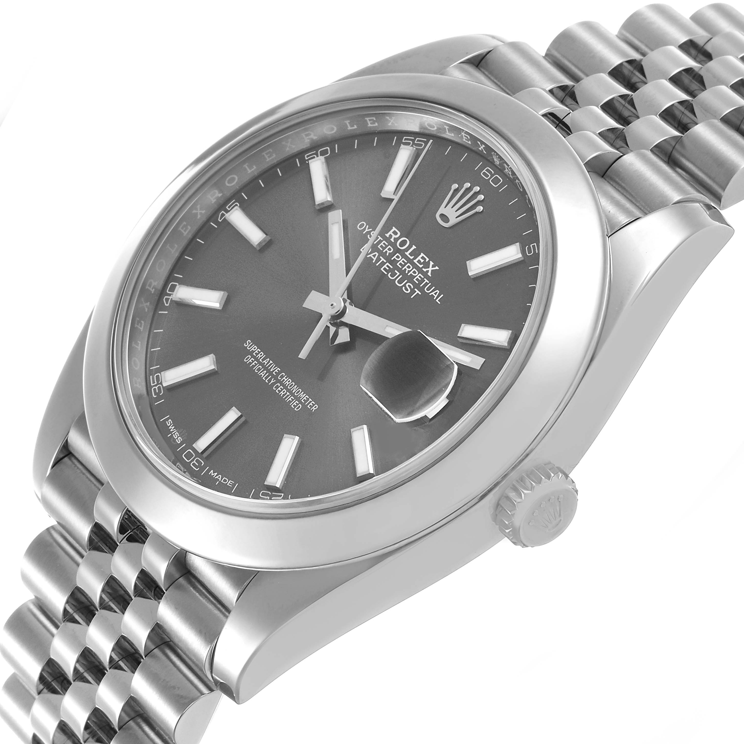 The Rolex Datejust 41 126300 Men's Stainless Steel Grey Dial is shown at a slight angle from the right, highlighting the face, crown, and part of the bracelet.