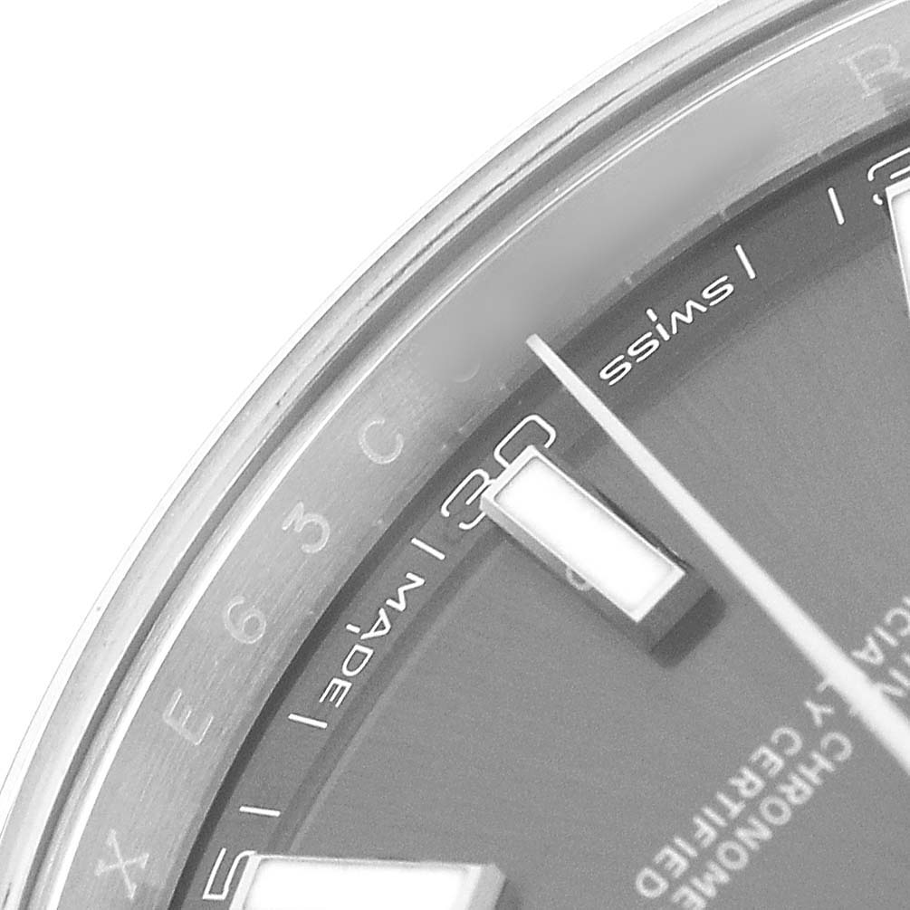 This image shows a close-up of the dial edge and markers on the Rolex Datejust 41 126300 Men's Stainless Steel Grey Dial, highlighting the Swiss Made text.