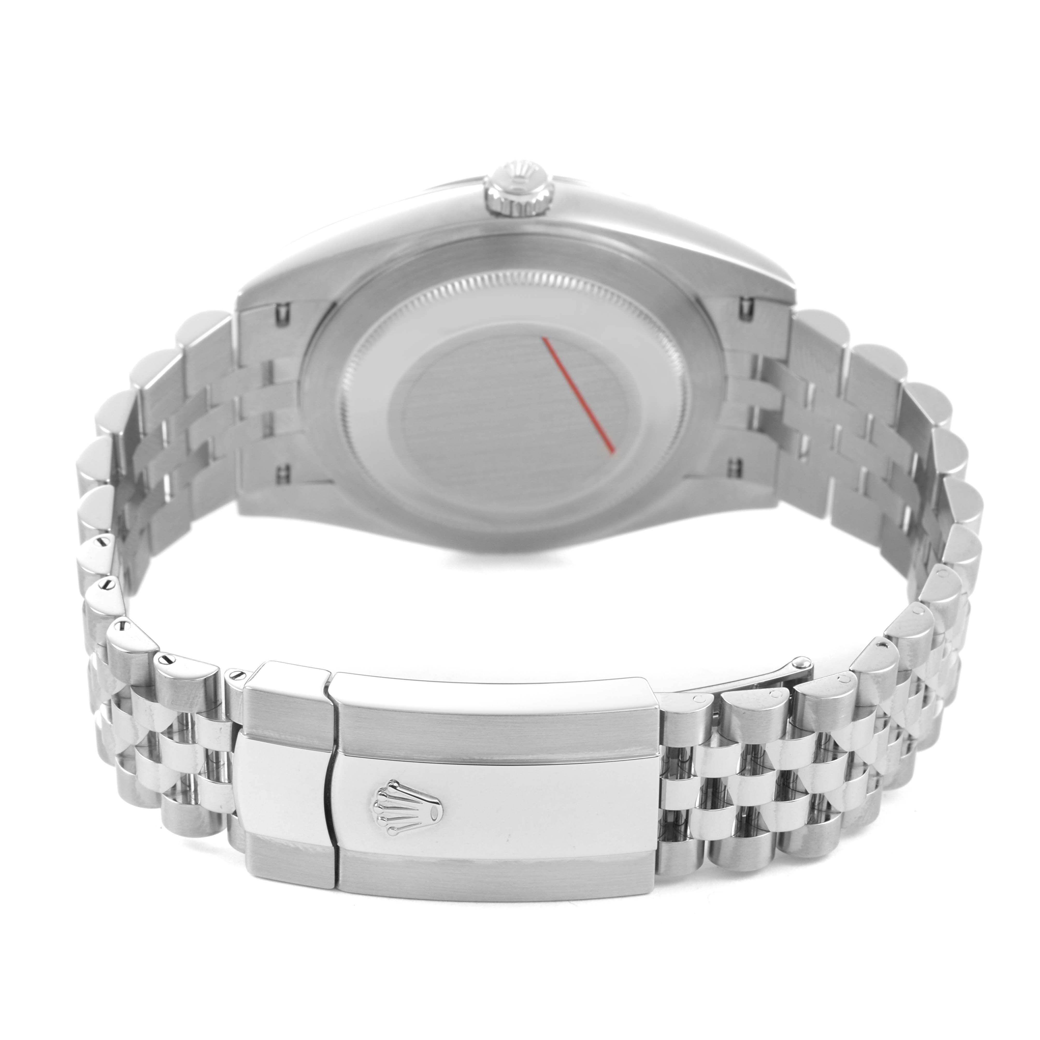 The image shows the back case and bracelet clasp of a Rolex Datejust 41 126300 Men's Stainless Steel Grey Dial watch from a rear angle.