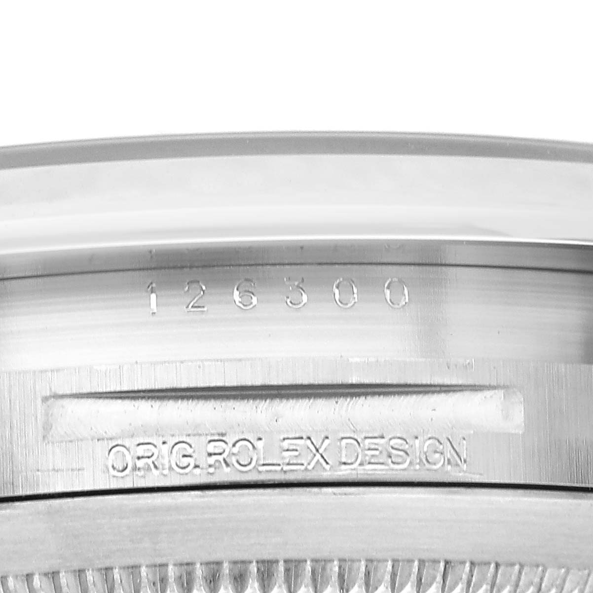 The image shows the case side of the Rolex Datejust 41 126300 Men's Stainless Steel Grey Dial, highlighting the model number "126300" and "ORIG. ROLEX DESIGN" engravings.