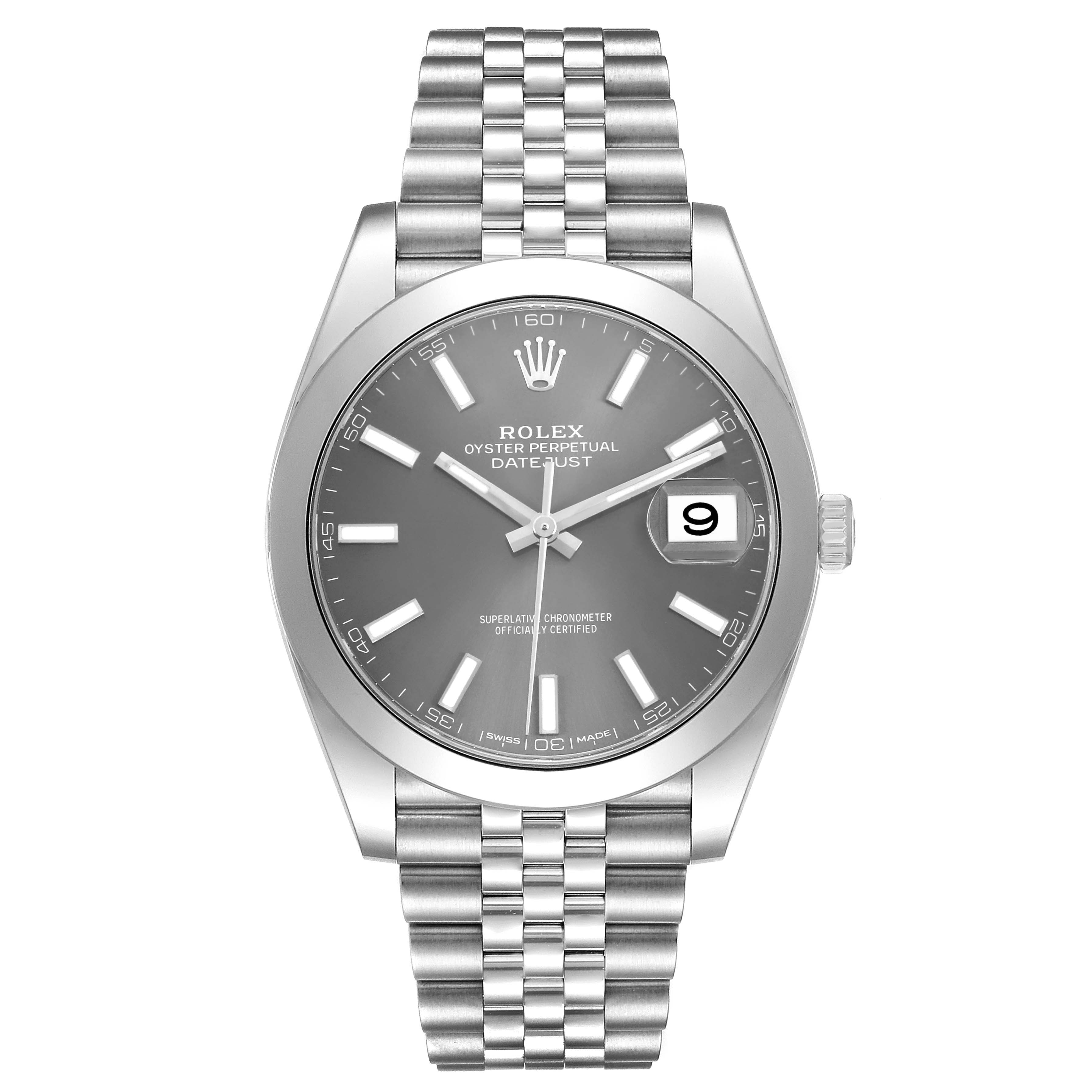 The Rolex Datejust 41 126300 Men's Stainless Steel Grey Dial watch is shown from a front view, displaying the silver dial, Jubilee bracelet, and date window.