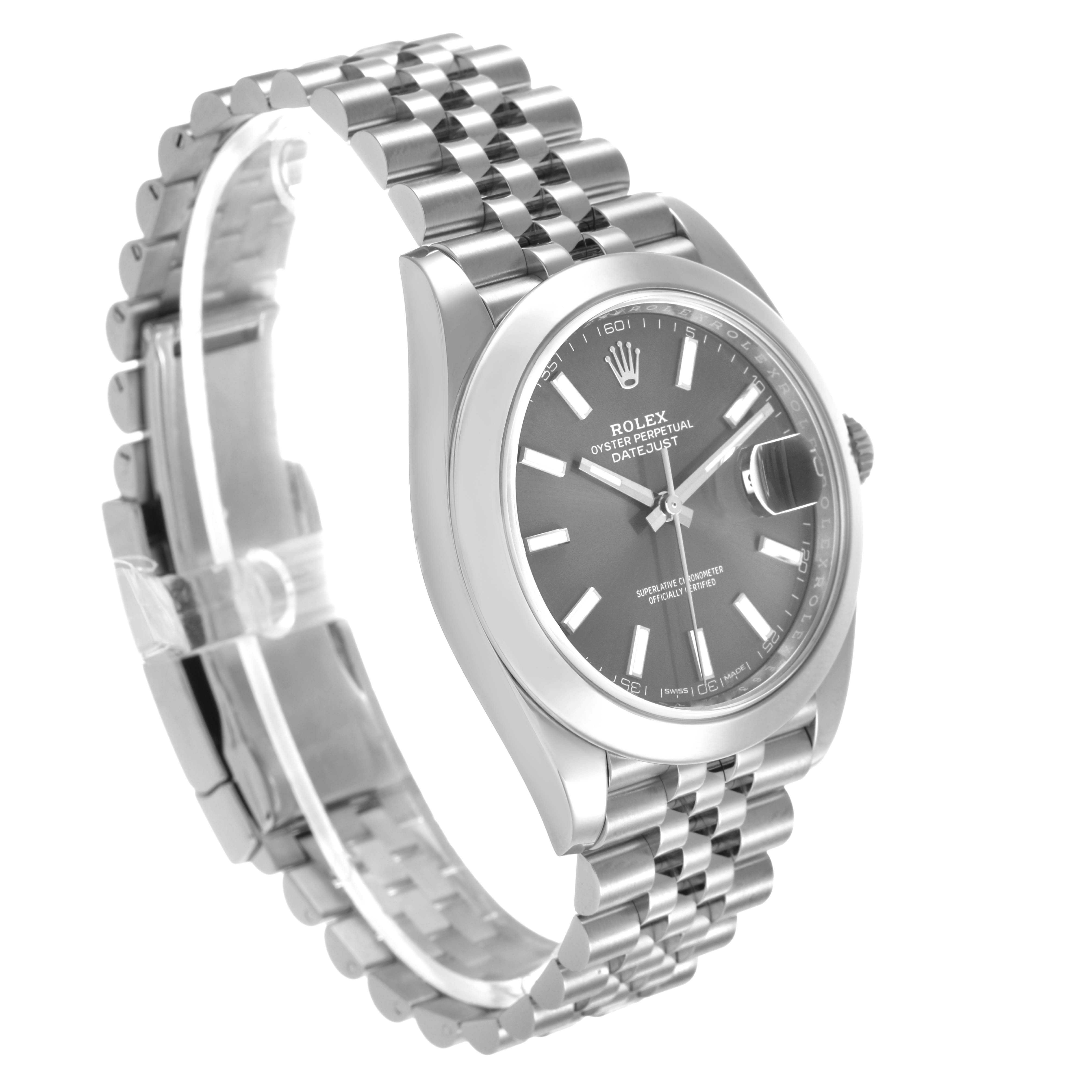 The Rolex Datejust 41 126300 Men's Stainless Steel Grey Dial watch is shown from a front-angle view, highlighting its dial, case, and Jubilee bracelet.