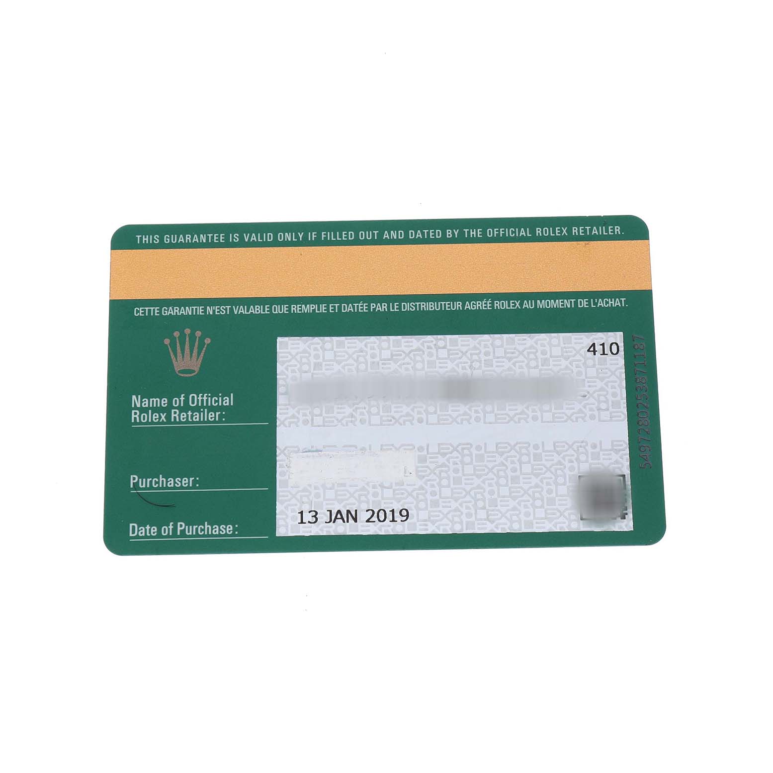 The image shows a warranty card for the Rolex Datejust 41 126300 Men's Stainless Steel Grey Dial, featuring purchase details and authentication elements.