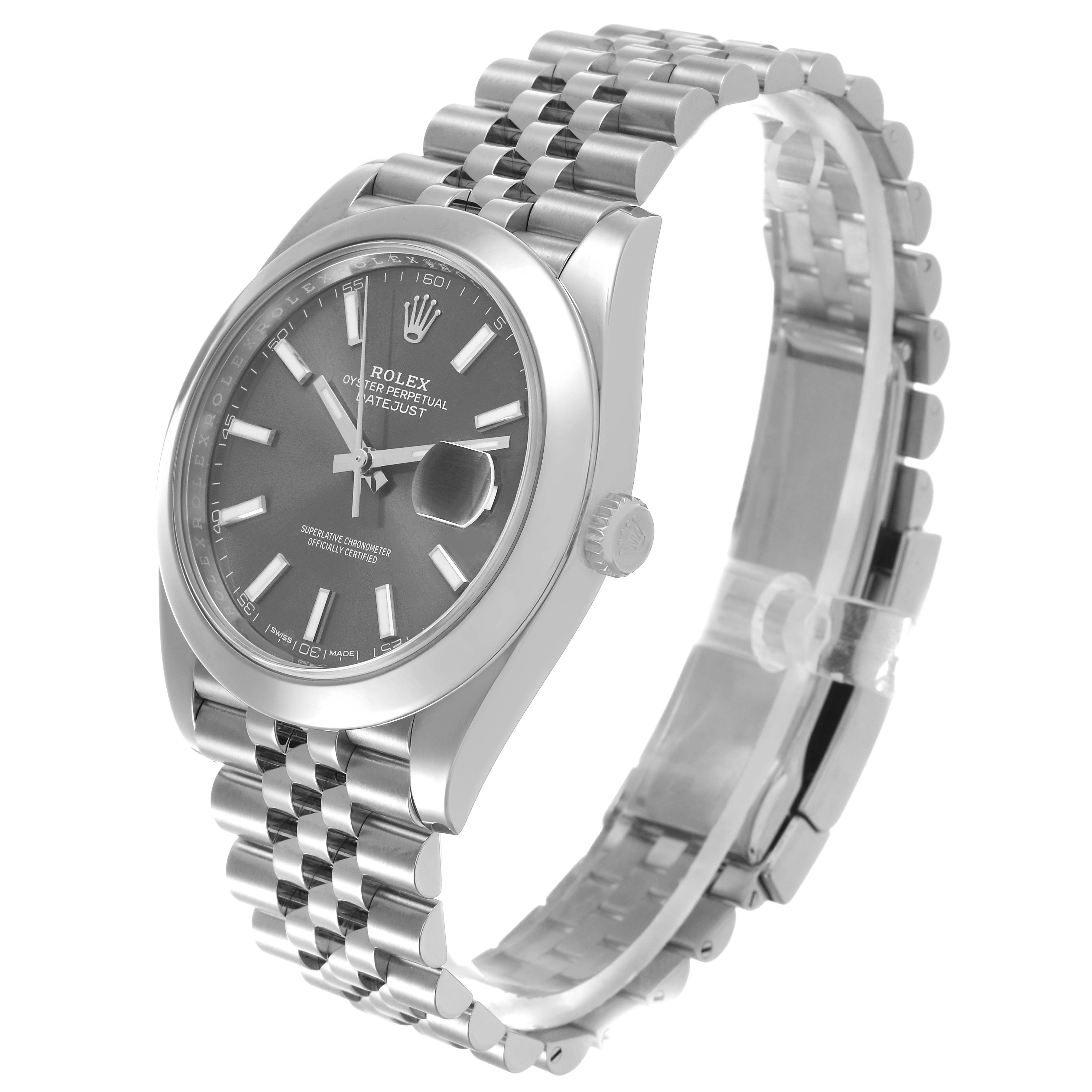 The Rolex Datejust 41 126300 Men's Stainless Steel Grey Dial watch is shown from a three-quarter angle, displaying the dial, bezel, bracelet, and crown.
