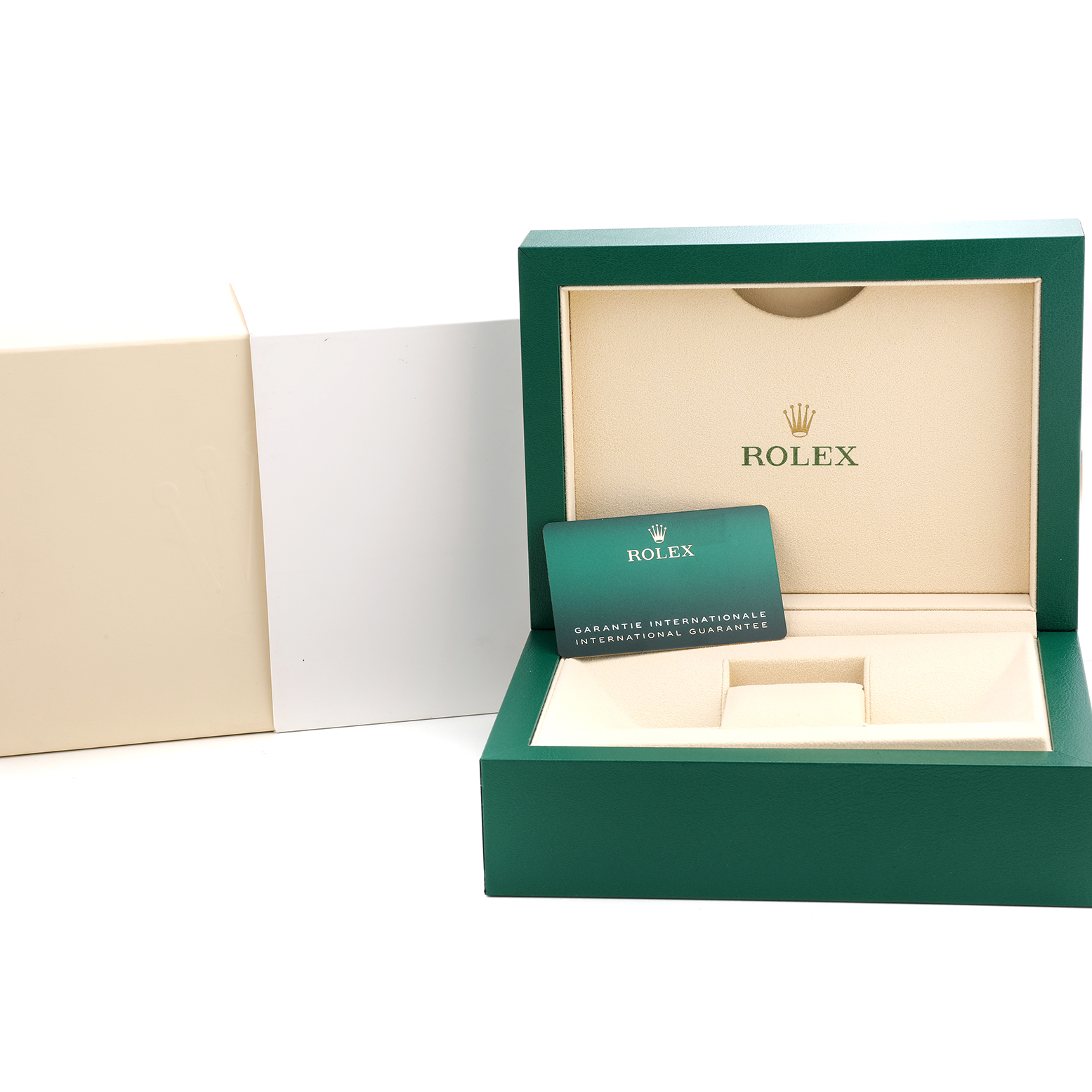 The image shows an open green Rolex box and warranty card for the Datejust 41 model.