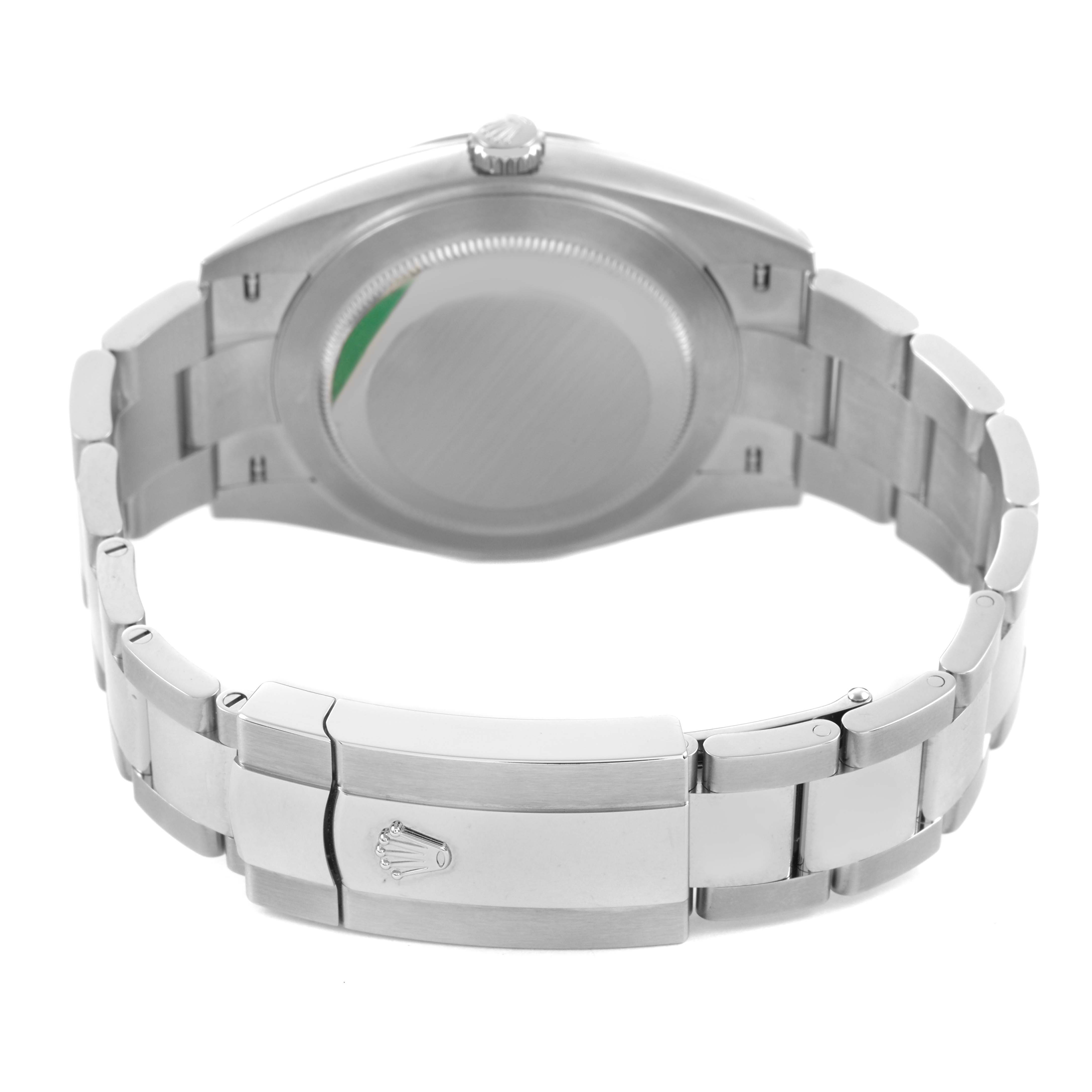 This image shows the back of a Rolex Datejust 41 126300 Men's Stainless Steel Grey Dial, focusing on the caseback, crown, and clasp of the bracelet.