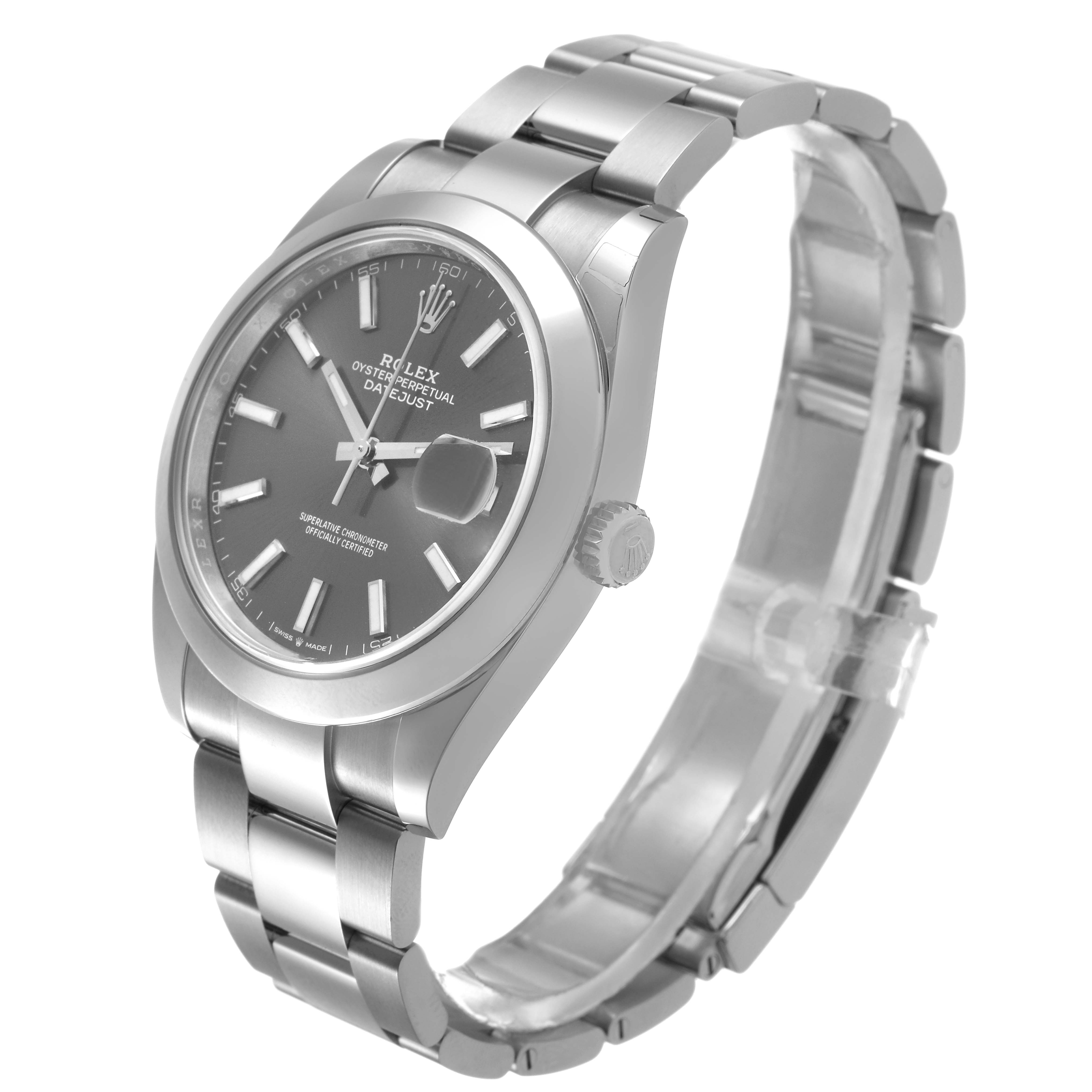 The Rolex Datejust 41 126300 Men's Stainless Steel Grey Dial watch is shown at a three-quarter angle, highlighting the face, bezel, crown, and bracelet.
