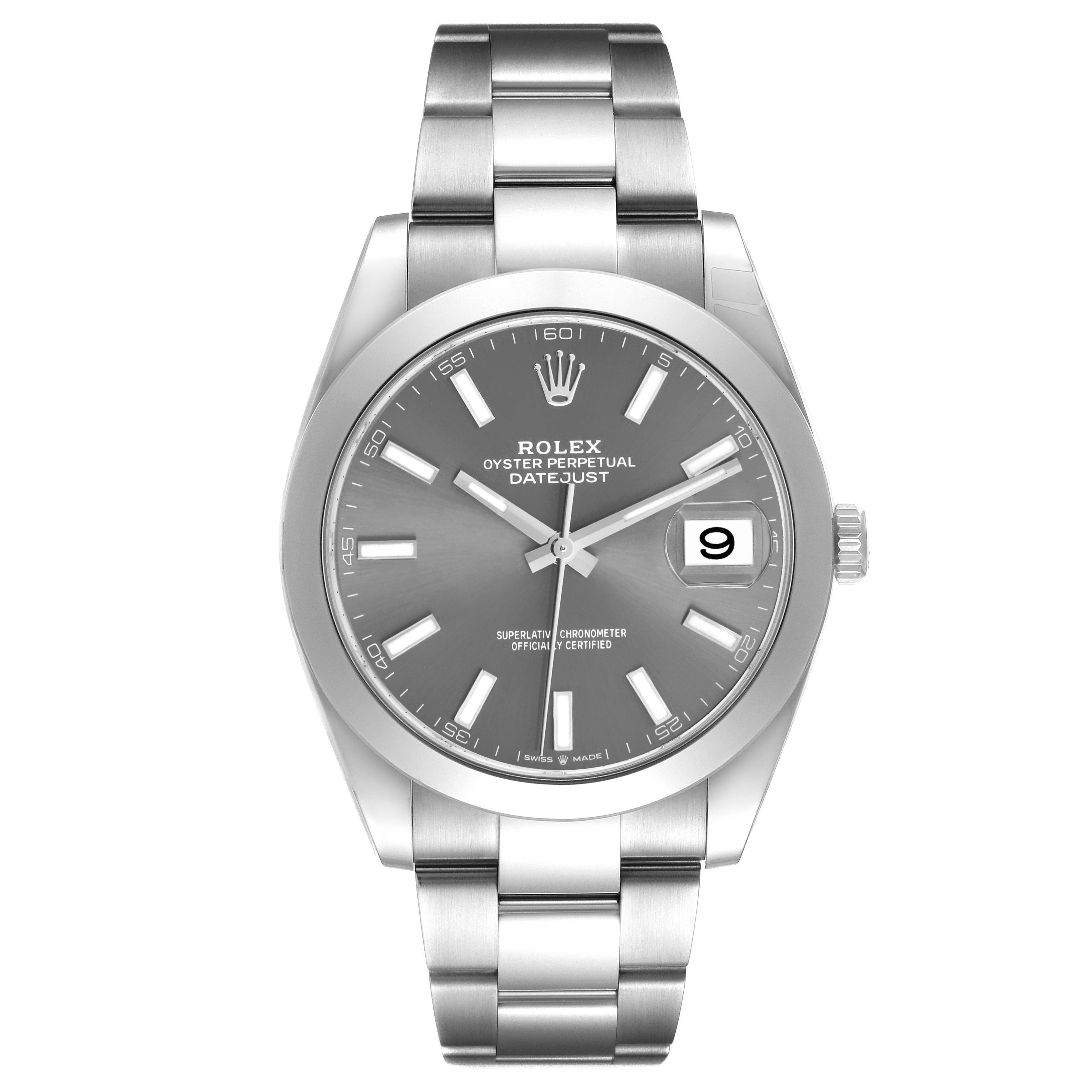 This image shows a front view of the Rolex Datejust 41 126300 Men's Stainless Steel Grey Dial, featuring the watch face, bracelet, crown, and date display.