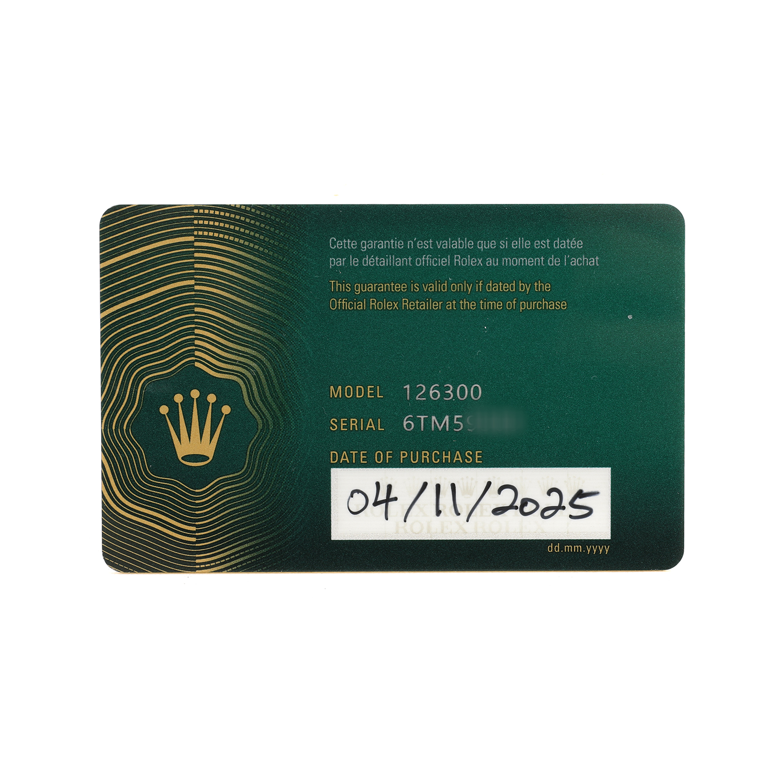 The image shows a warranty card for the Rolex Datejust 41 126300 Men's Stainless Steel Grey Dial model, with model, serial number, and purchase date visible.