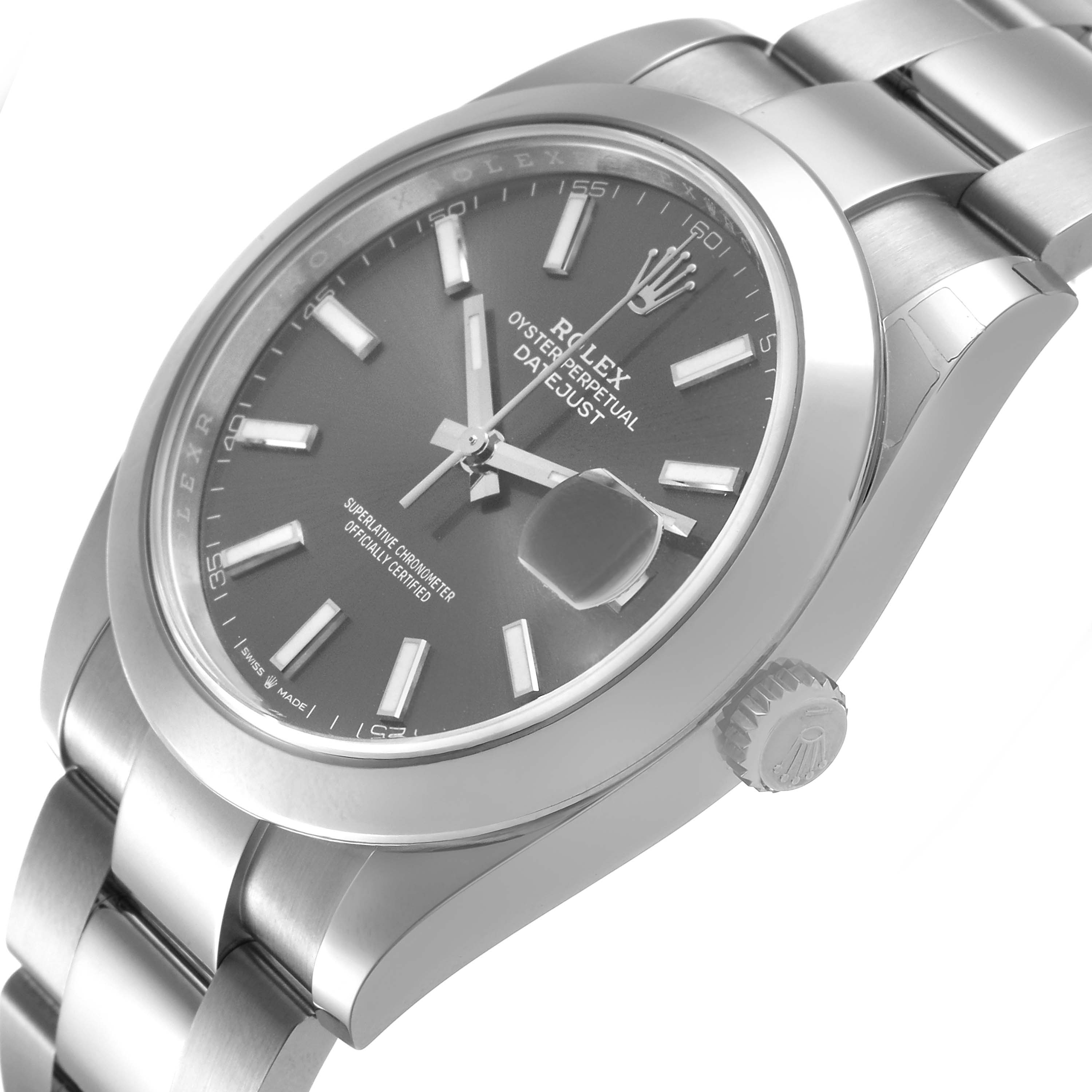 The Rolex Datejust 41 126300 Men's Stainless Steel Grey Dial is shown from an angled side view, highlighting the case, bracelet, crown, and dial with markers.