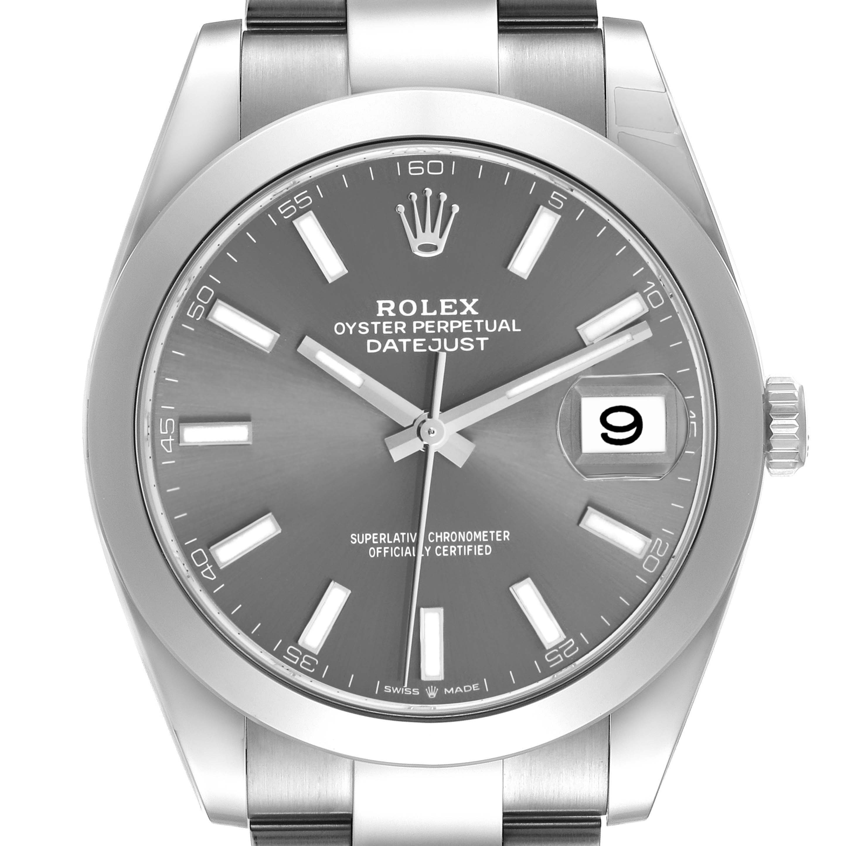 The Rolex Datejust 41 126300 Men's Stainless Steel Grey Dial watch is shown from a frontal angle, displaying its dial, hands, and the date window at 3 o'clock.