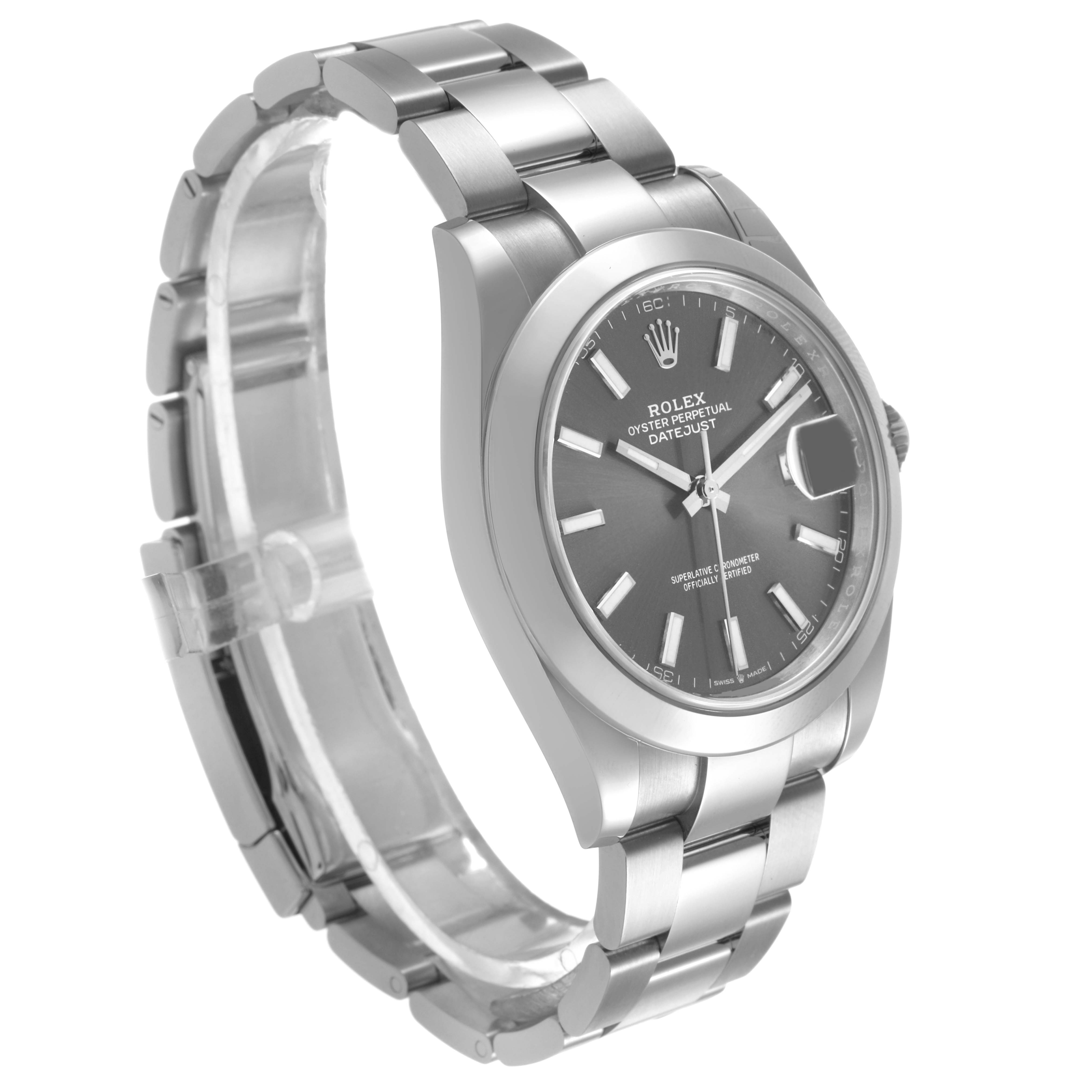 The Rolex Datejust 41 126300 Men's Stainless Steel Grey Dial is shown from a three-quarter angle, displaying the dial, bezel, and bracelet with clasp.