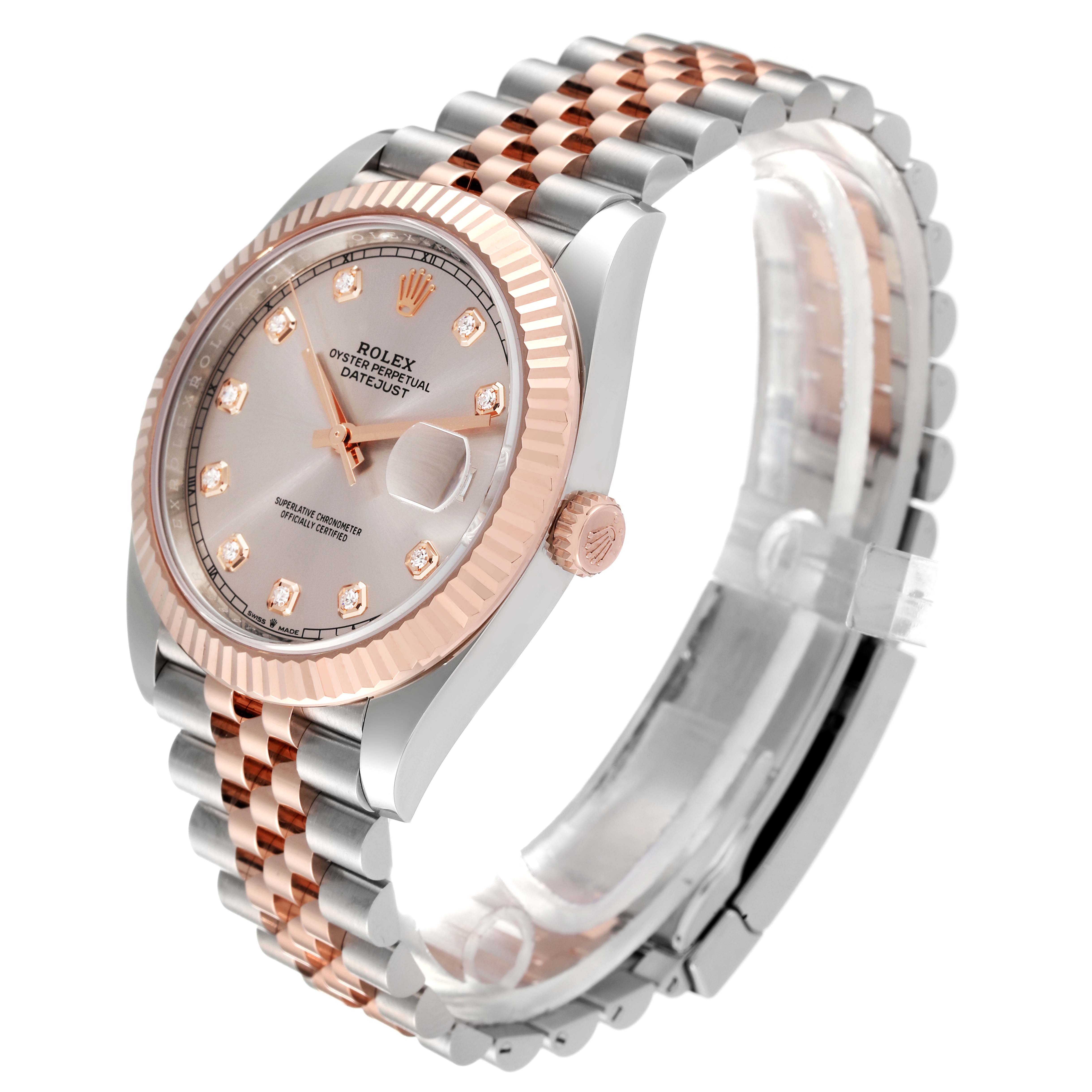 The Rolex Datejust 41 126331 Men's Steel and Gold (two tone) Beige Dial 126331 Men's Steel and Gold (two tone) Beige Dial watch is shown from a 3/4 angle, highlighting the face, fluted bezel, and two-tone Jubilee bracelet.