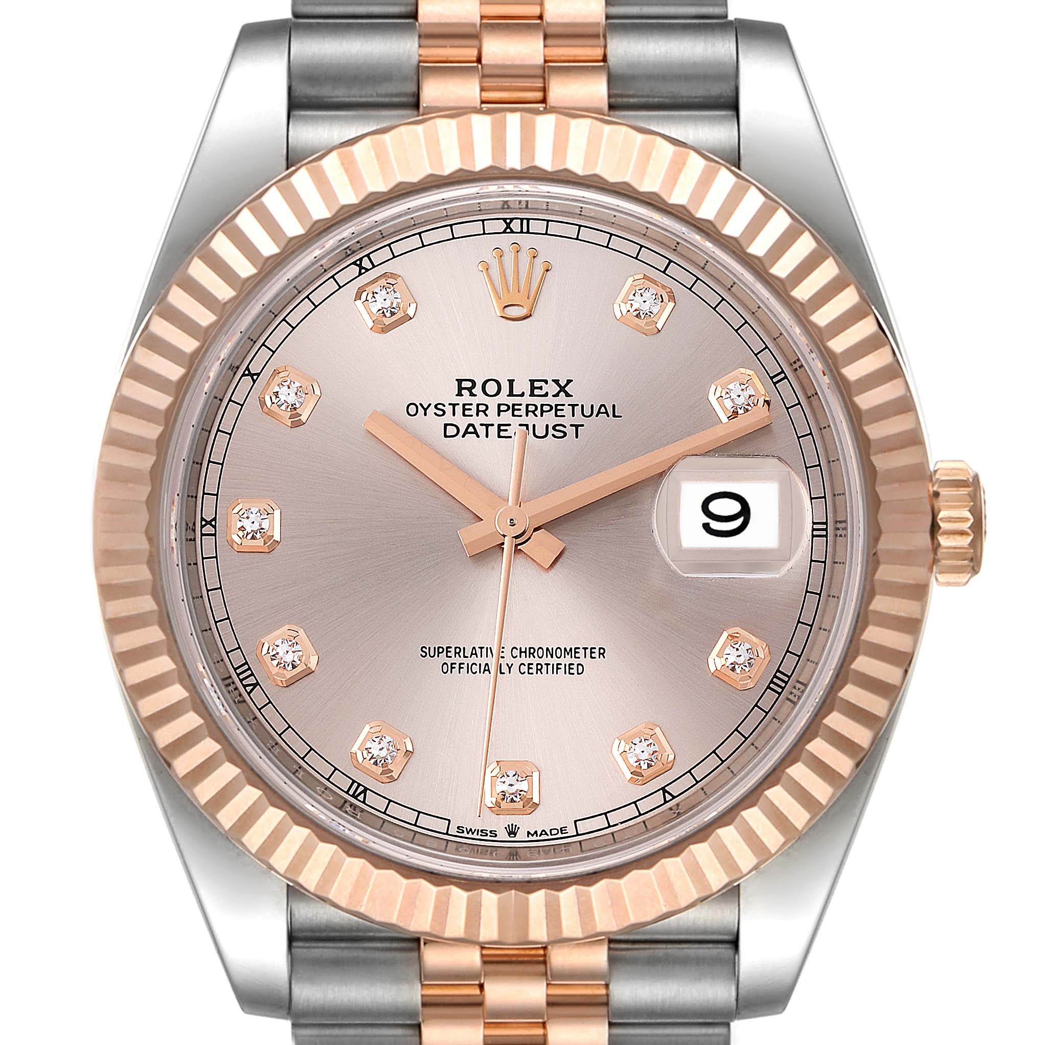 The image shows a frontal view of a Rolex Datejust 41 126331 Men's Steel and Gold (two tone) Beige Dial 126331 Men's Steel and Gold (two tone) Beige Dial watch, highlighting its two-tone bracelet, fluted bezel, and date display.