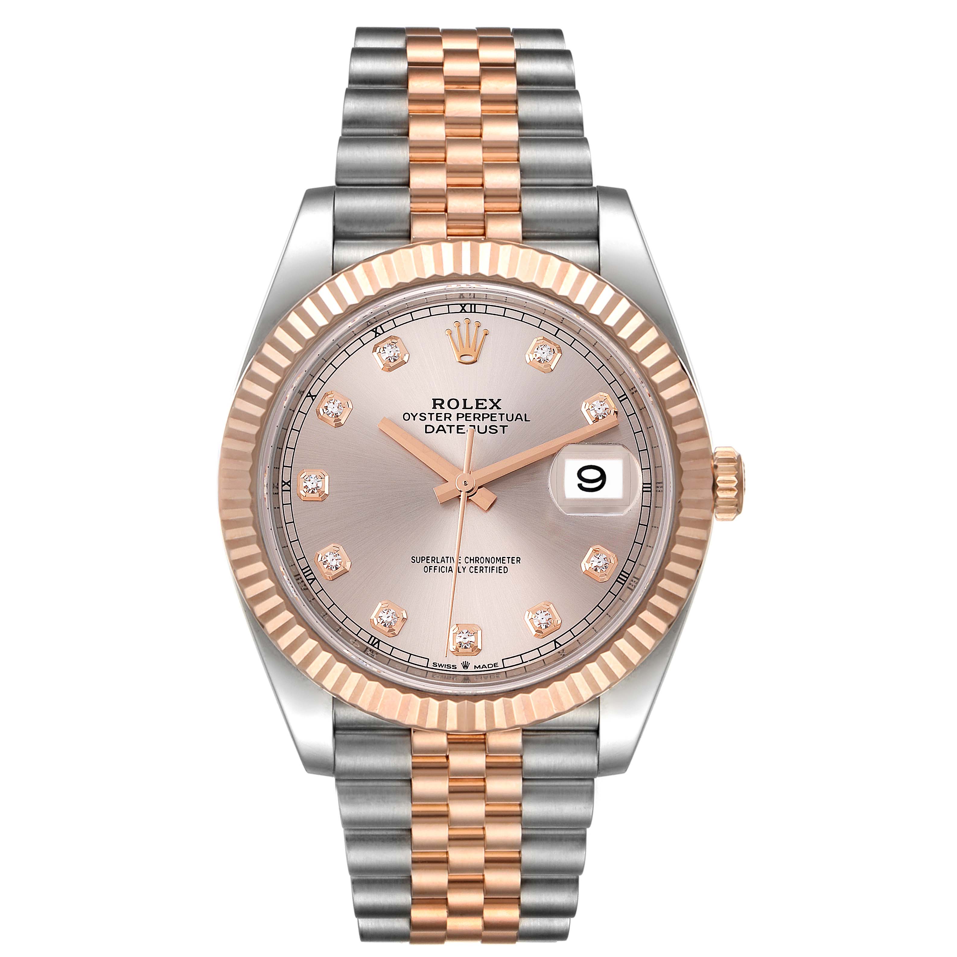This Rolex Datejust 41 126331 Men's Steel and Gold (two tone) Beige Dial 126331 Men's Steel and Gold (two tone) Beige Dial watch is shown from a front angle, highlighting its face, bezel, dial, and bracelet.