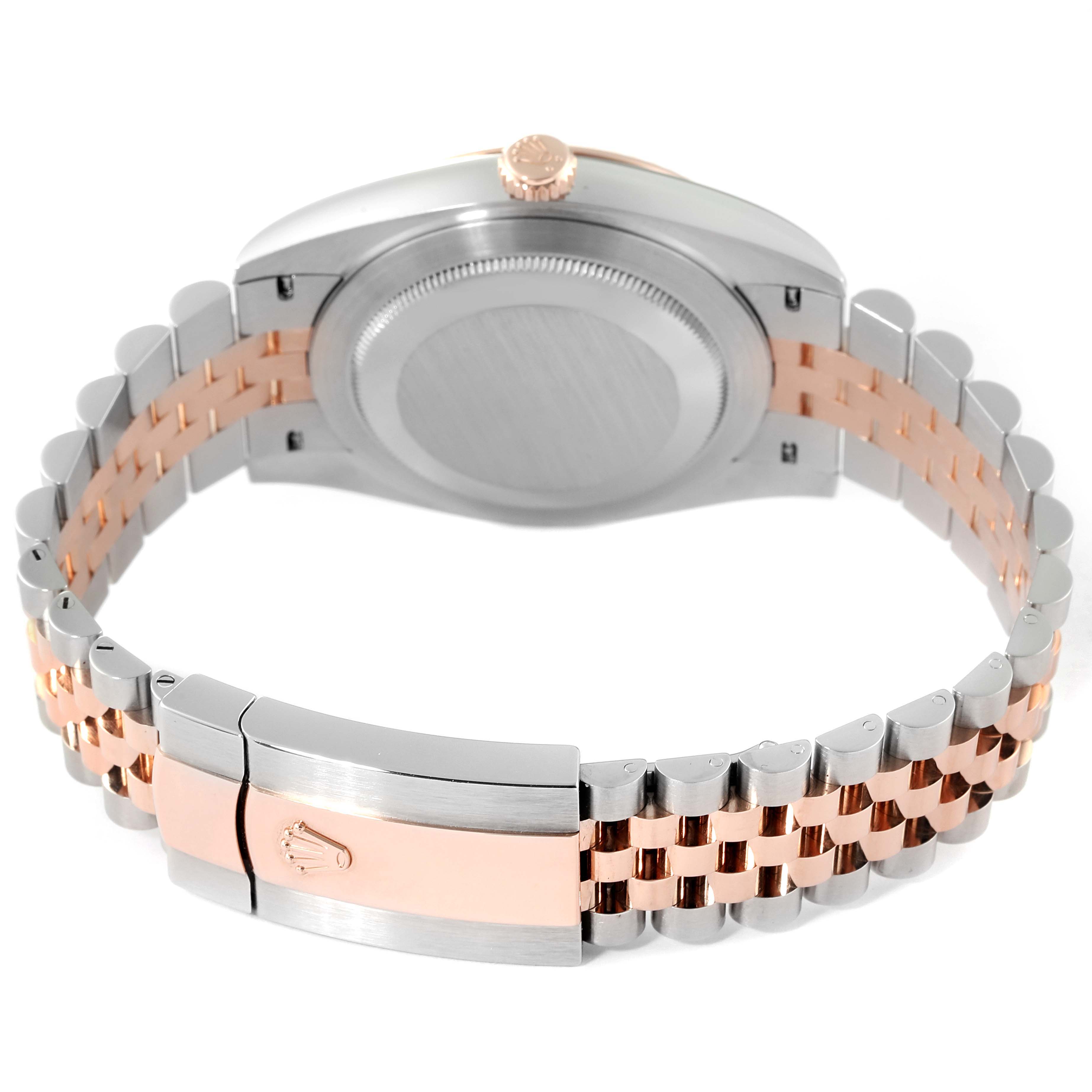 The image shows the underside of a Rolex Datejust 41 126331 Men's Steel and Gold (two tone) Beige Dial 126331 Men's Steel and Gold (two tone) Beige Dial watch, highlighting the back case, crown, and two-tone bracelet with clasp.