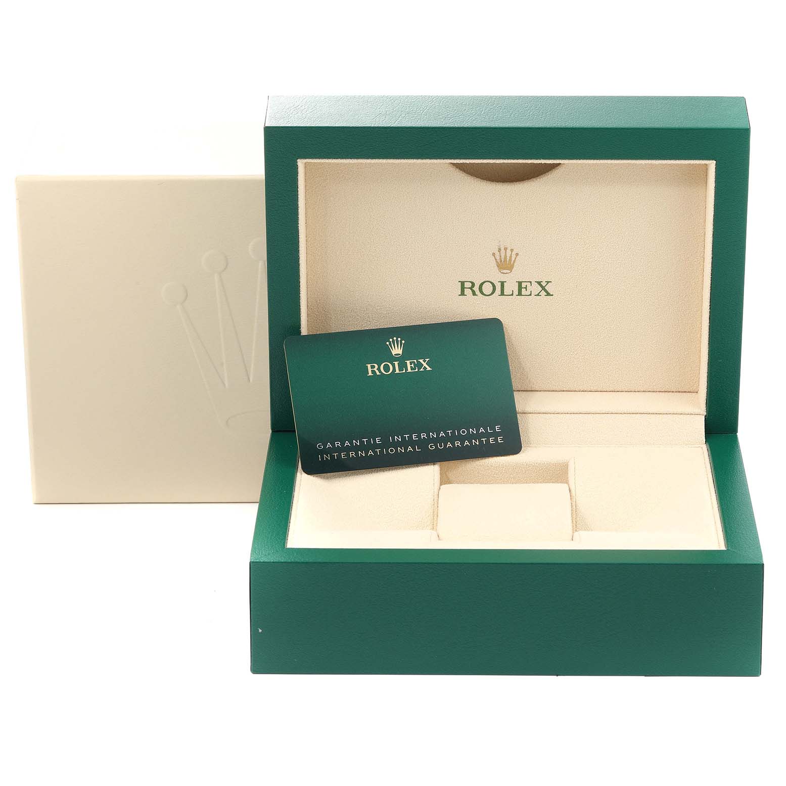 This image shows a Rolex Datejust 41 126331 Men's Steel and Gold (two tone) Beige Dial 126331 Men's Steel and Gold (two tone) Beige Dial watch box and warranty card from a front angle.