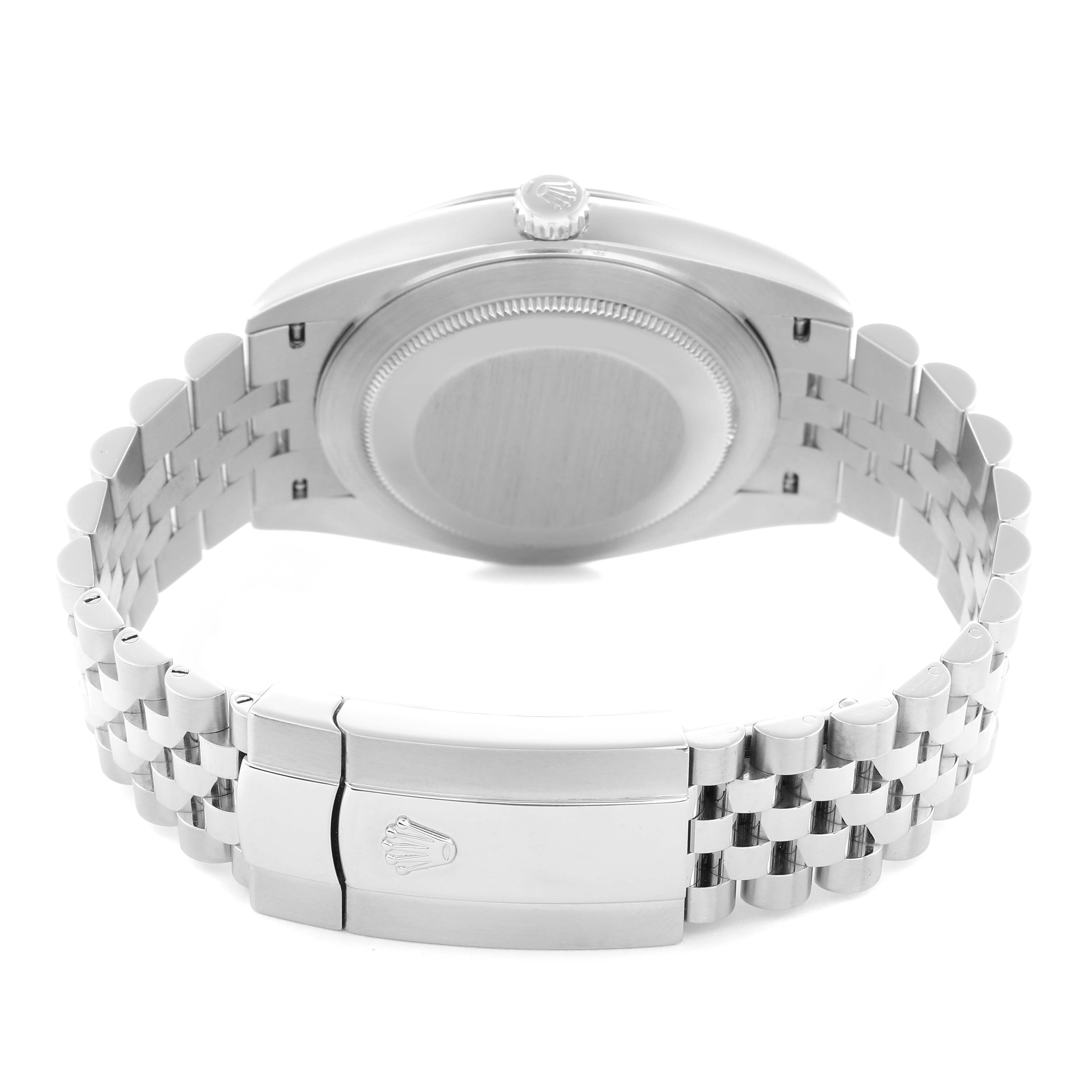 The image shows the back view of the Rolex Datejust 41 model, model number 126334, highlighting the case back, jubilee bracelet, and clasp.