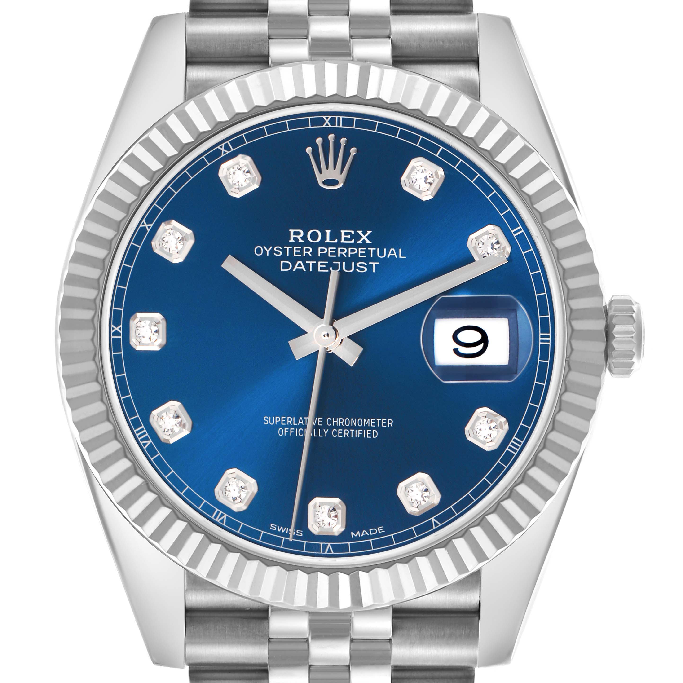 The image shows a front view of the Rolex Datejust 41, model number 126334, highlighting its blue dial, diamond hour markers, fluted bezel, and Jubilee bracelet.