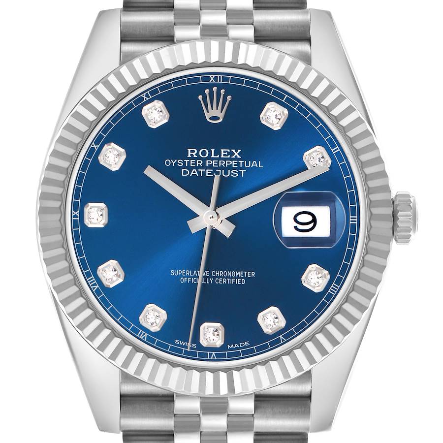 The image shows a front view of the Rolex Datejust 41, model number 126334, highlighting its blue dial, diamond hour markers, fluted bezel, and Jubilee bracelet.