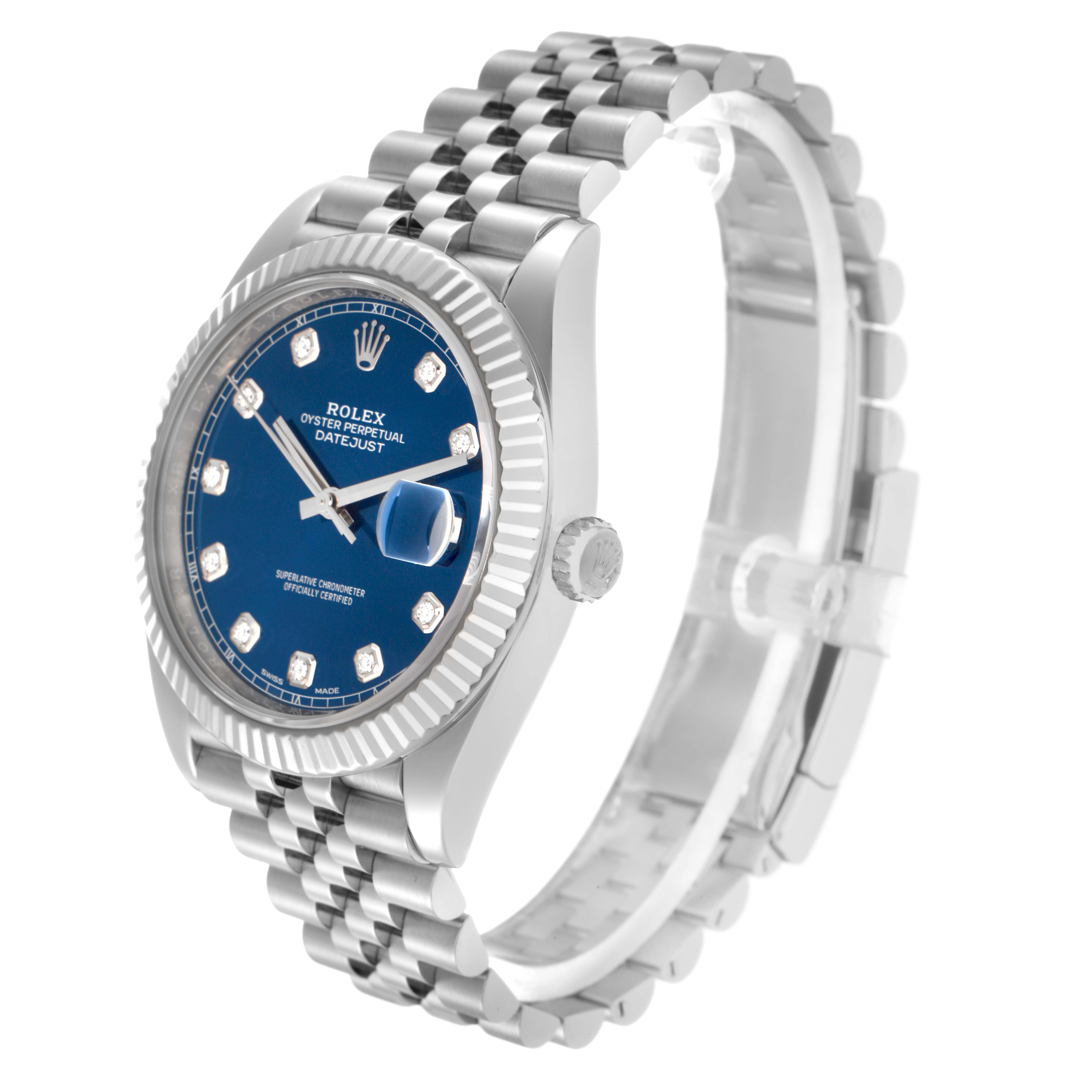 The Rolex Datejust 41, model 126334, is shown at a three-quarter angle, highlighting the fluted bezel, vibrant blue dial, diamond hour markers, and Jubilee bracelet.