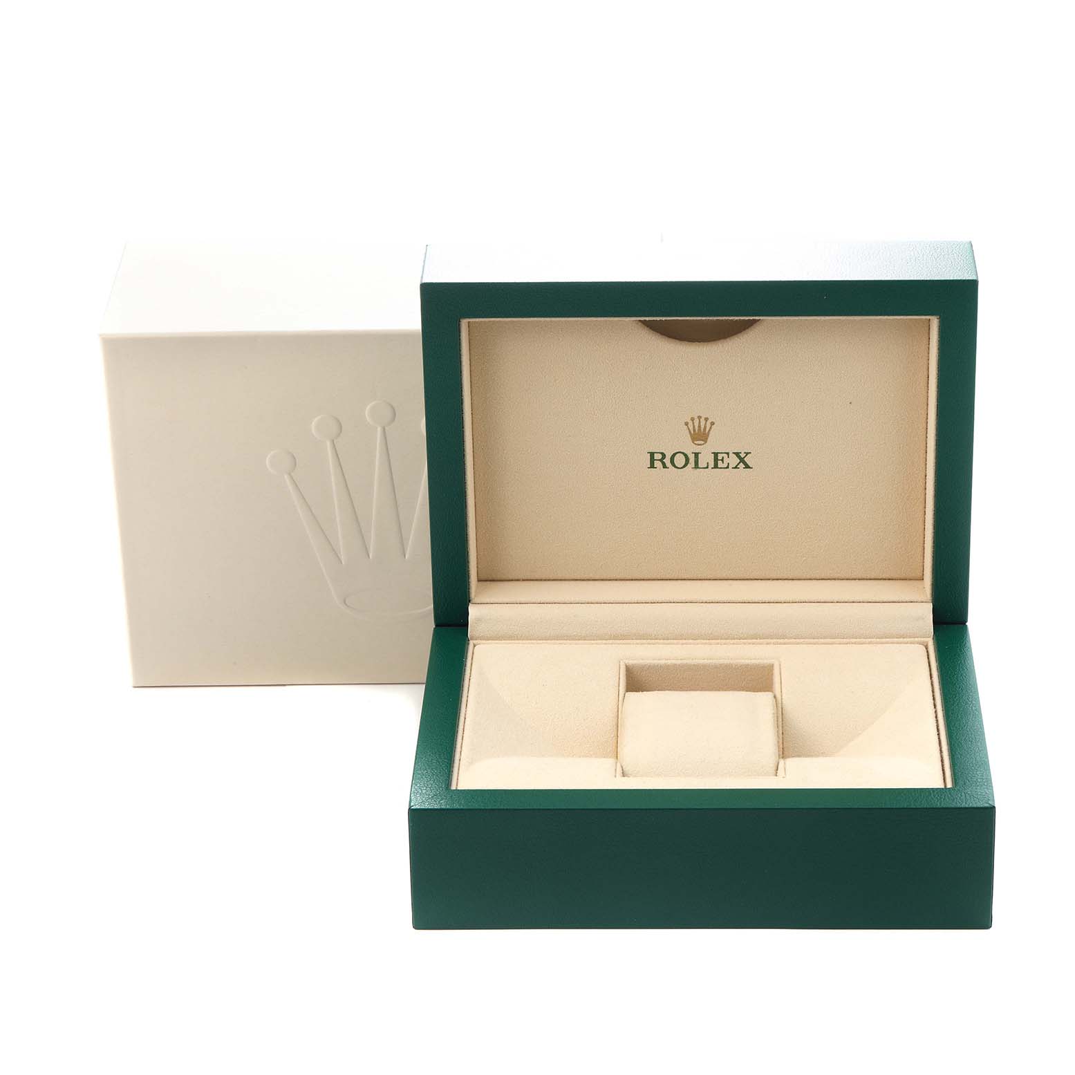 The image shows the packaging for a Rolex Datejust 41, model 126334, with an open green box and an outer cream box, featuring the Rolex logo.