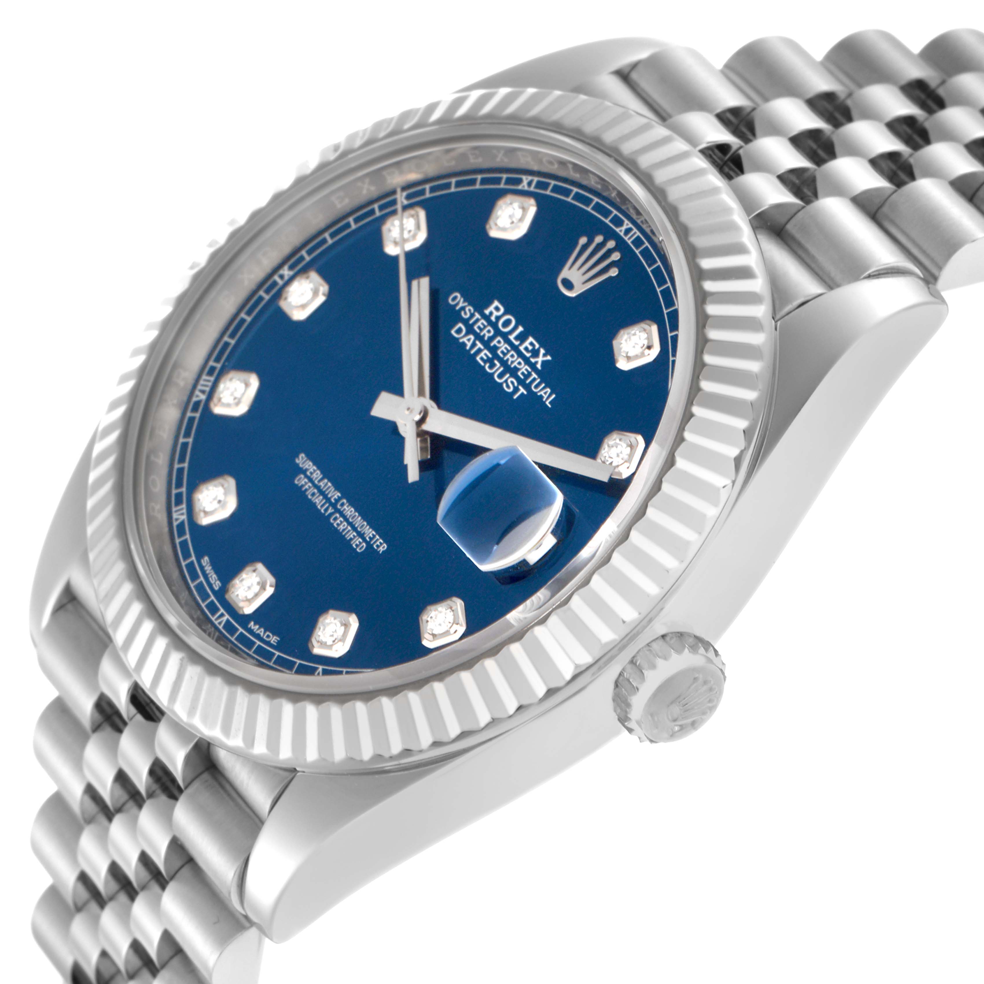 The Rolex Datejust 41 model 126334 is shown from an angled front view, highlighting the dial, fluted bezel, crown, and part of the Jubilee bracelet.